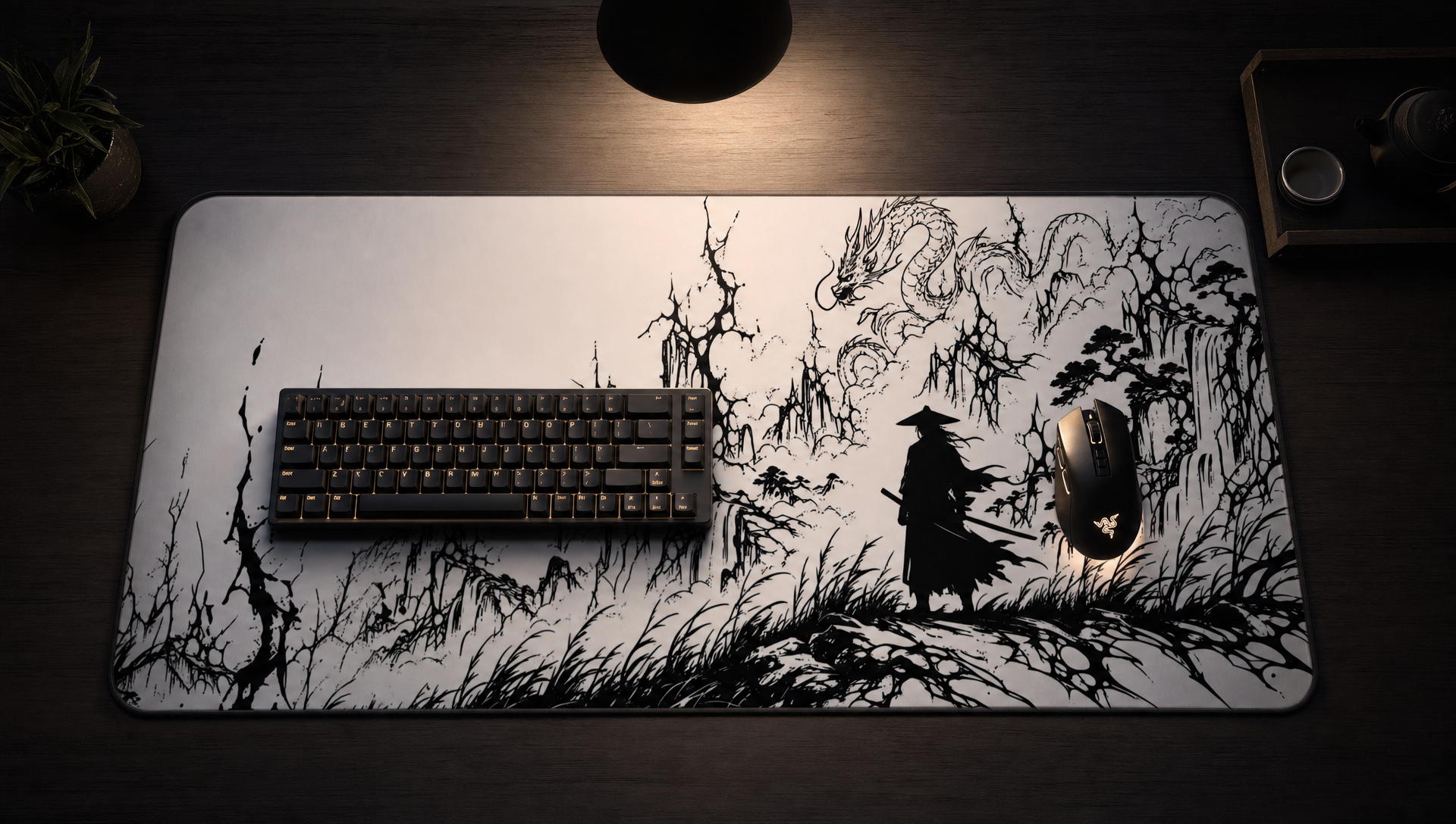 Samurai Dragon Ink Landscape – White Desk Mat – Japanese Warrior Mouse Pad