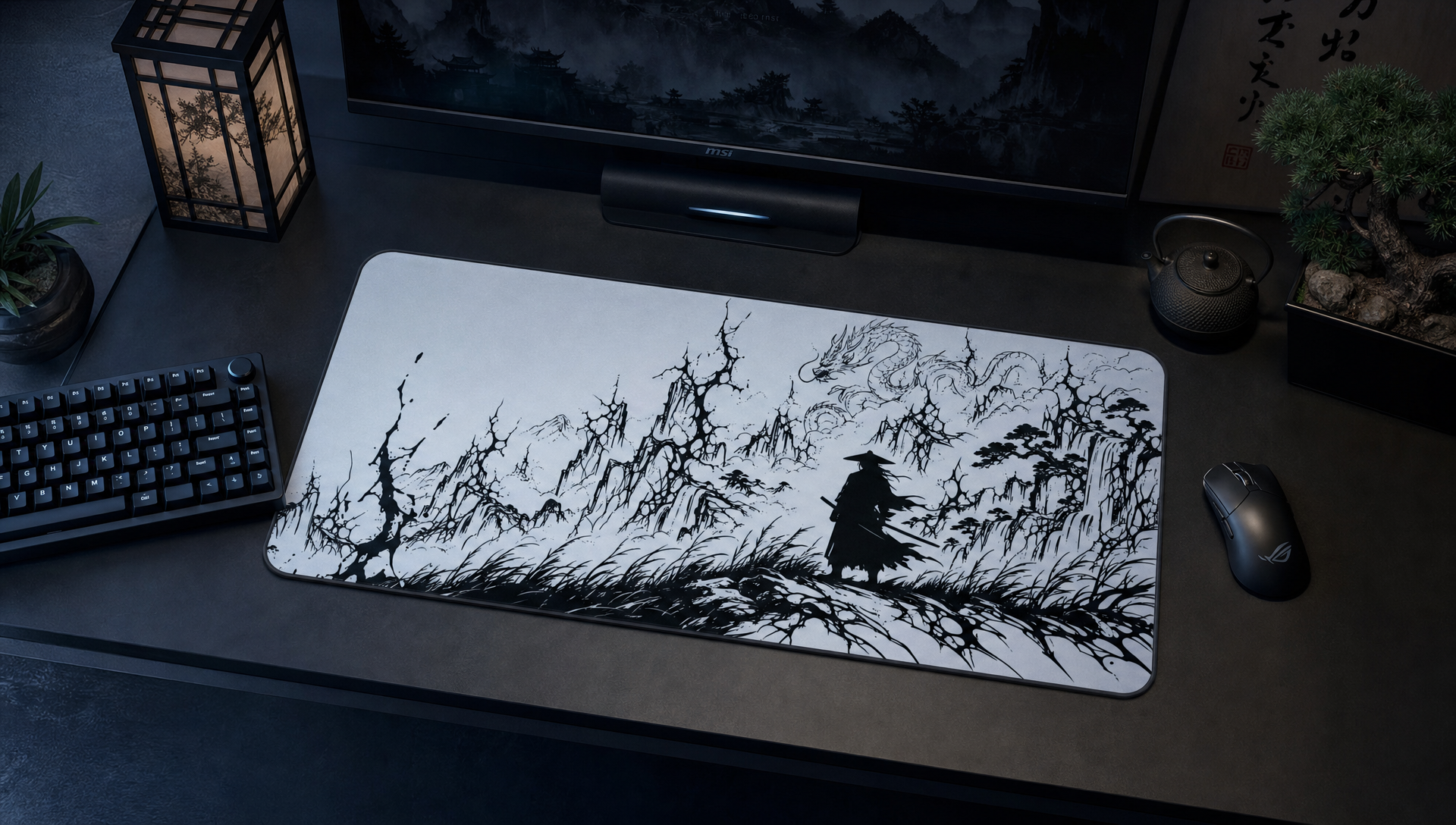 Samurai Dragon Ink Landscape – White Desk Mat – Japanese Warrior Mouse Pad