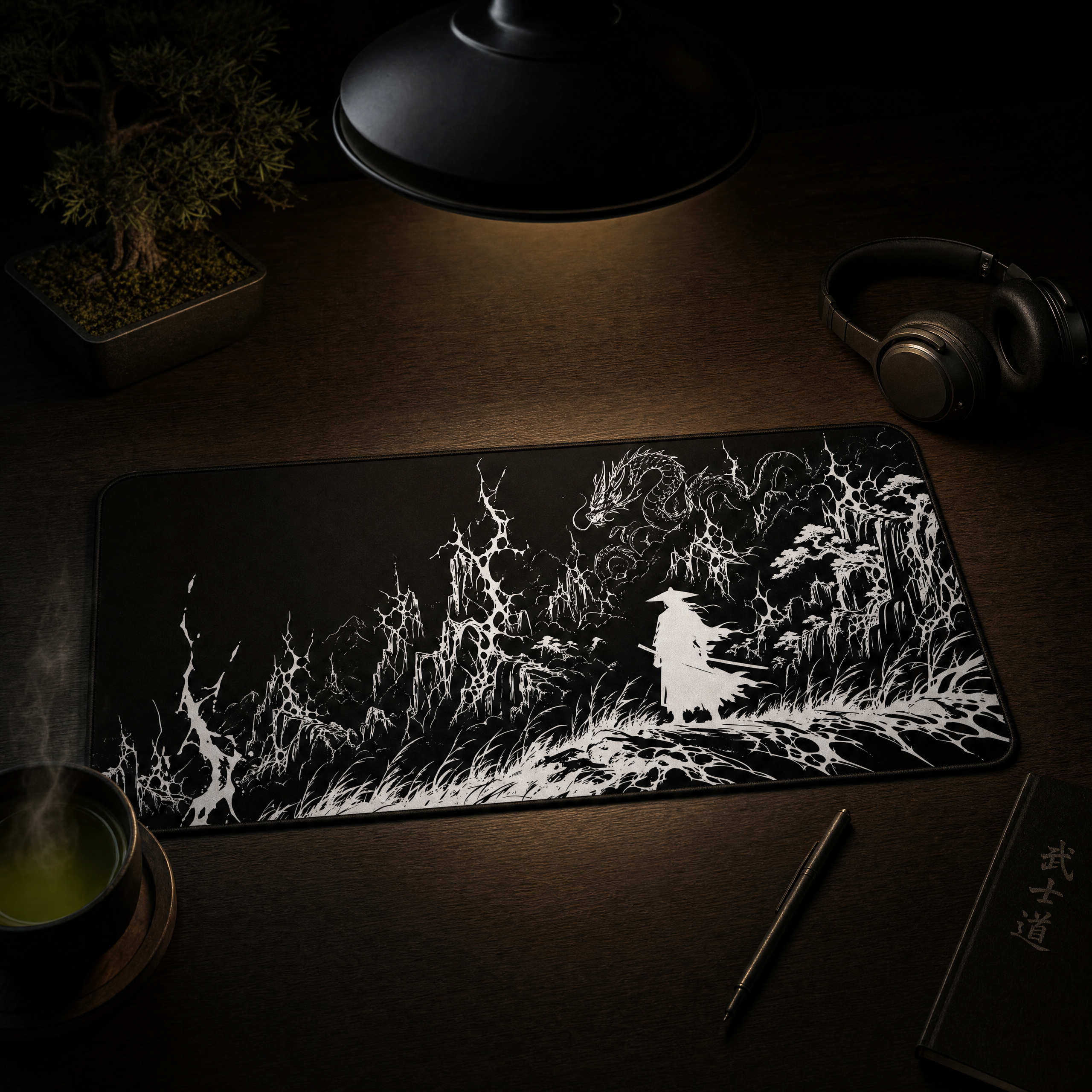 Samurai Silhouette with Dragon – Black Desk Mat – Japanese Warrior Mouse Pad