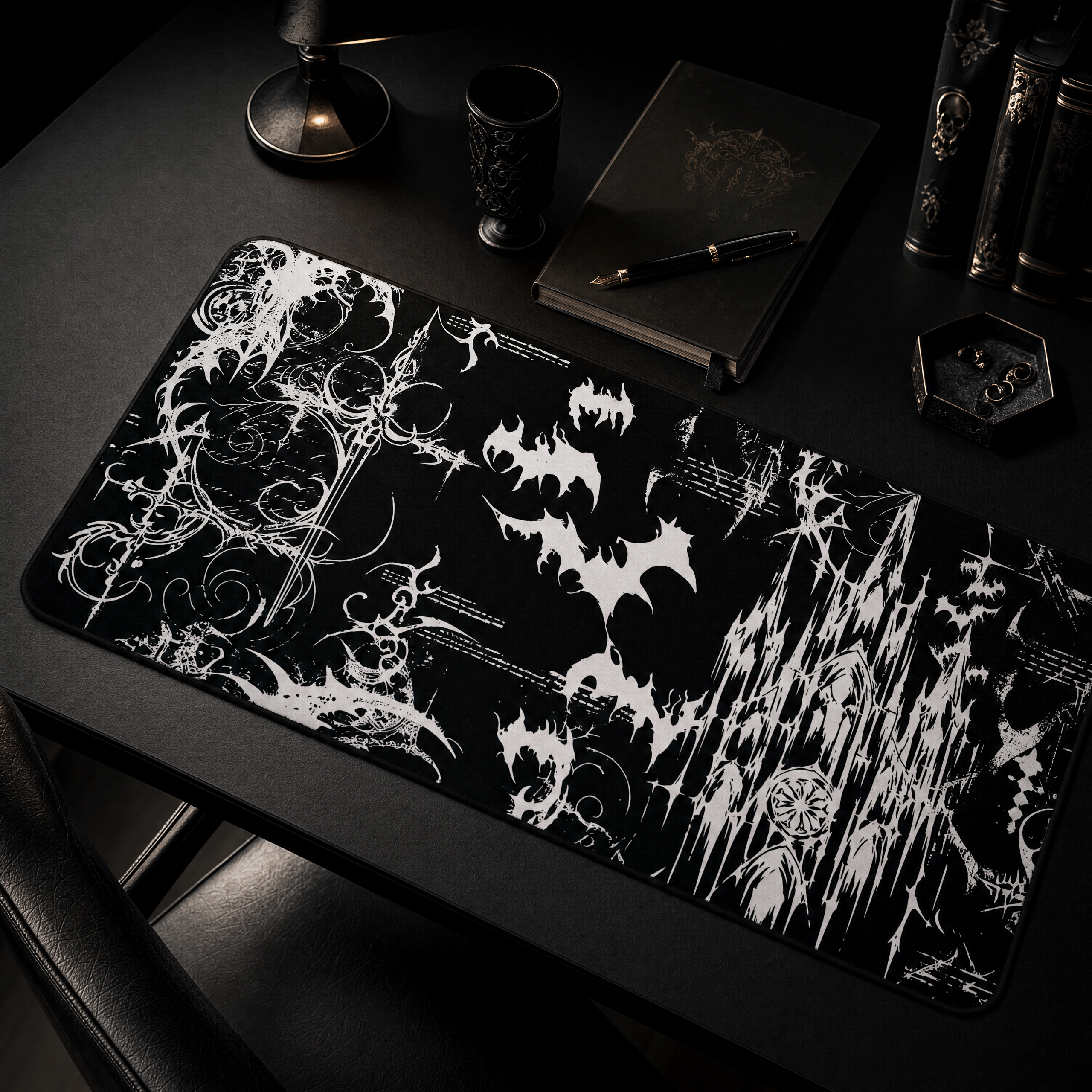 Gothic Castle and Bats – Black Desk Mat – Gothic Fantasy Mouse Pad