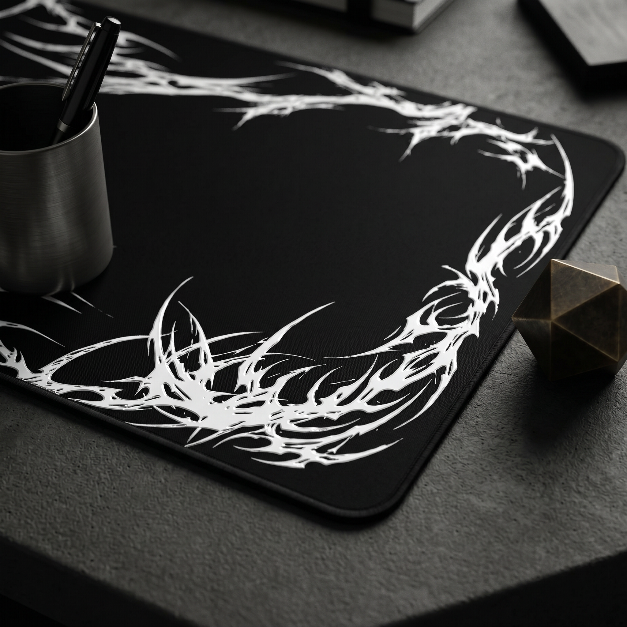 White Tribal Flame Corner – Black Desk Mat – Minimal Tribal Mouse Pad