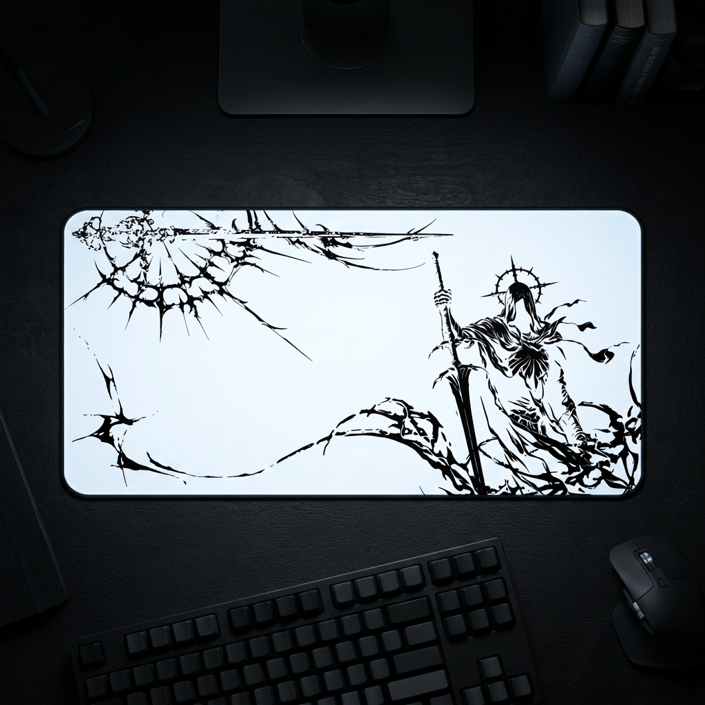Grim Reaper Spear – White Desk Mat – Gothic Skeleton Warrior Mouse Pad