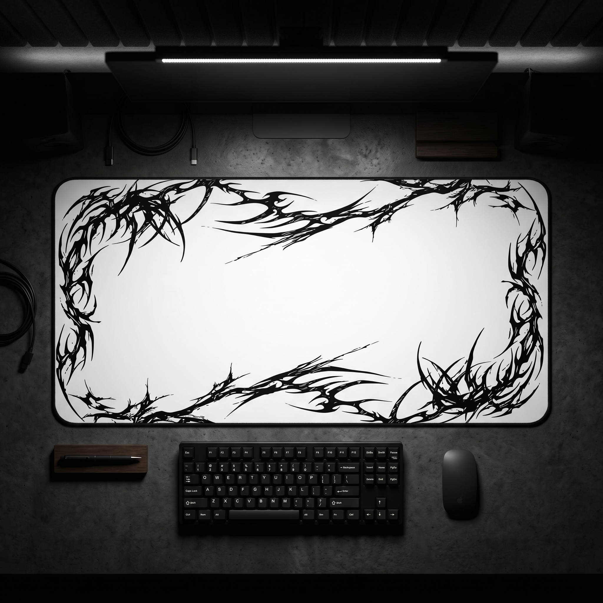 Black Tribal Corner – White Desk Mat – Minimal Tribal Mouse Pad