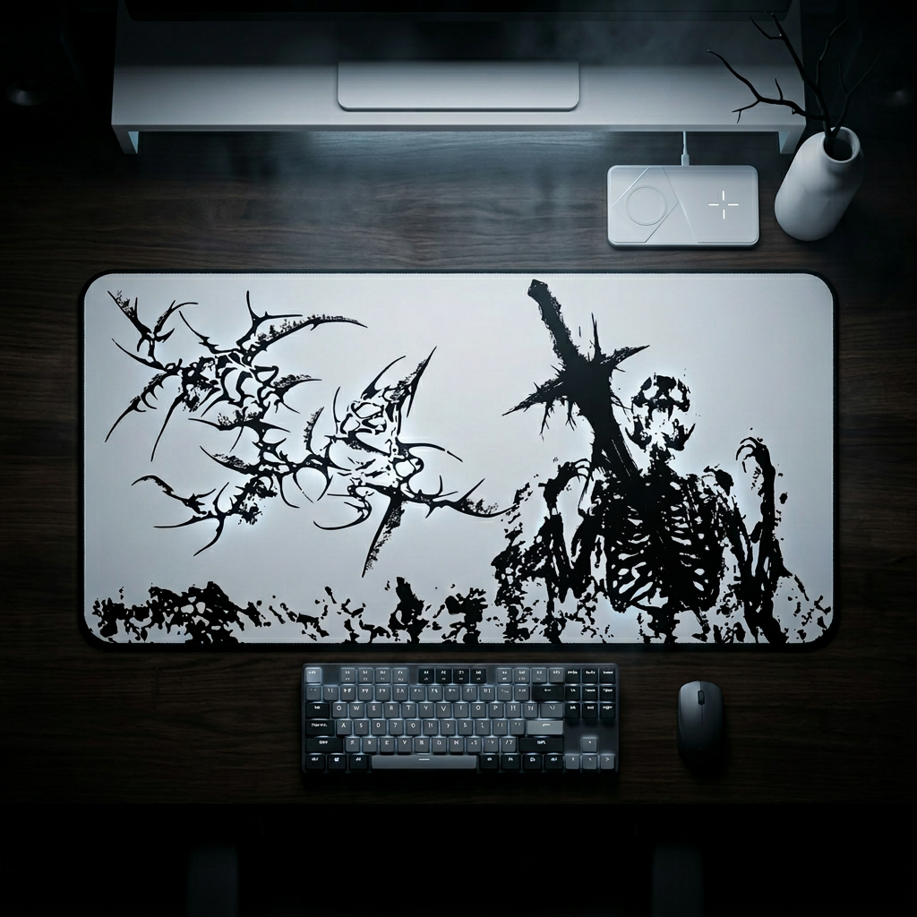 Agony of Fire – White Desk Mat – Gothic Skeleton Cybersigil Mouse Pad