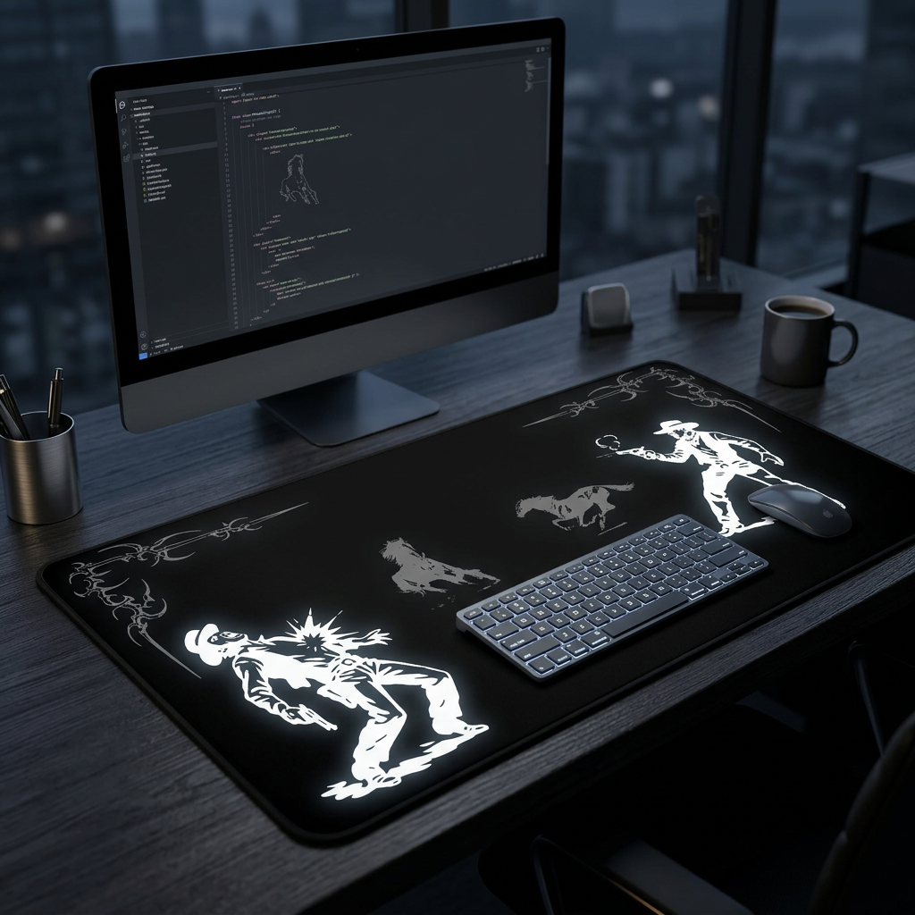 Western Showdown – Black Desk Mat – Cowboy Duel Mouse Pad