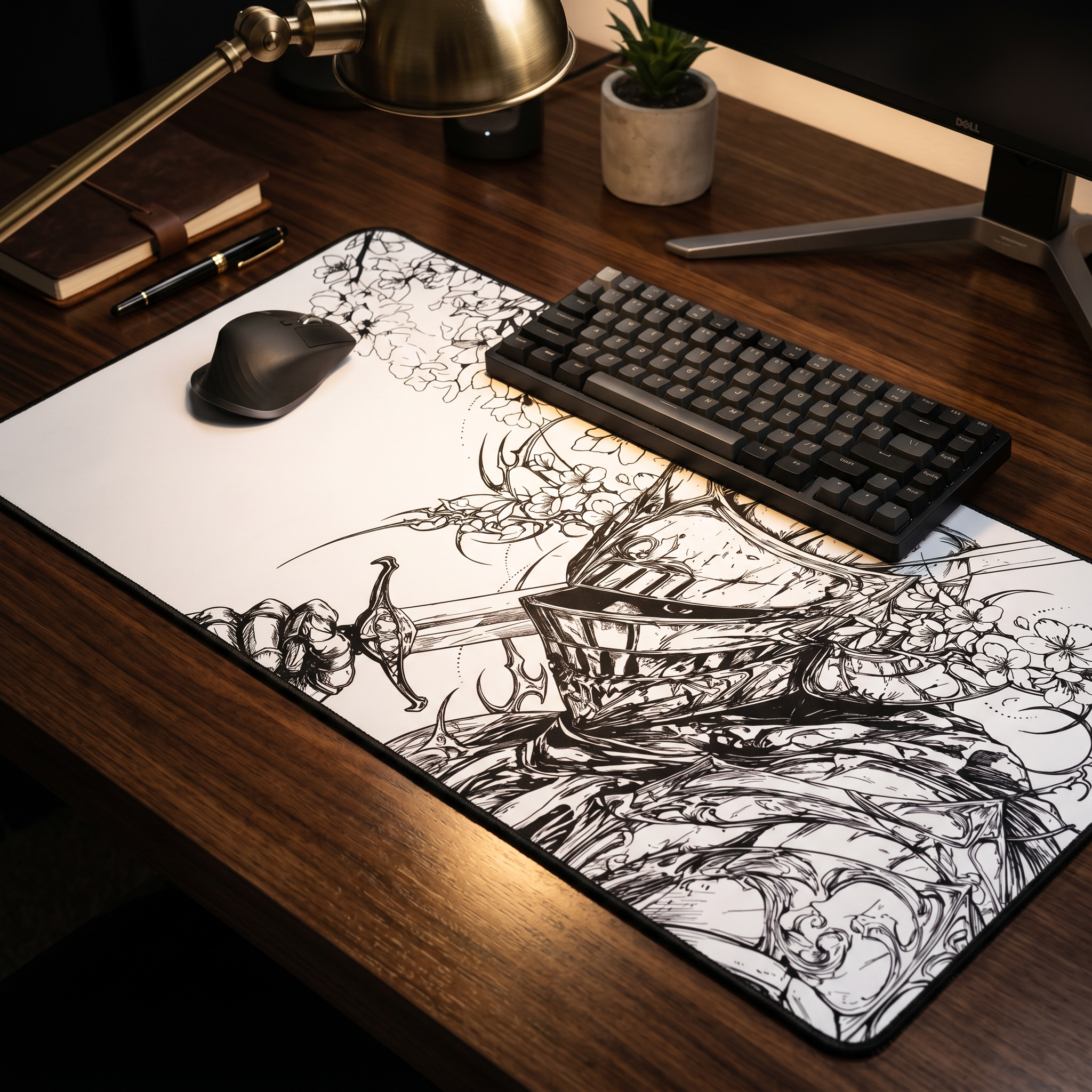 Sakura Knight – White Desk Mat – Medieval Sword Mouse Pad