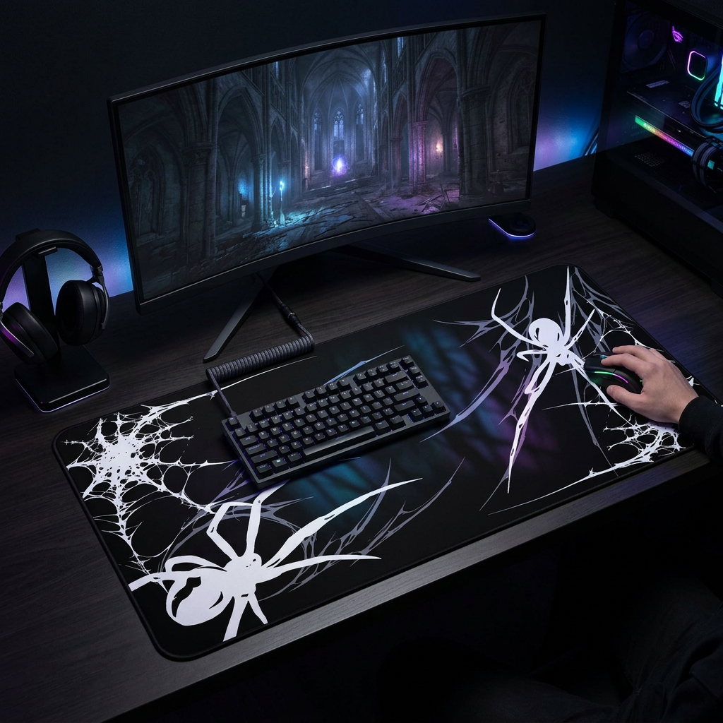 White Spider Web – Black Desk Mat – Gothic Spider Mouse Pad