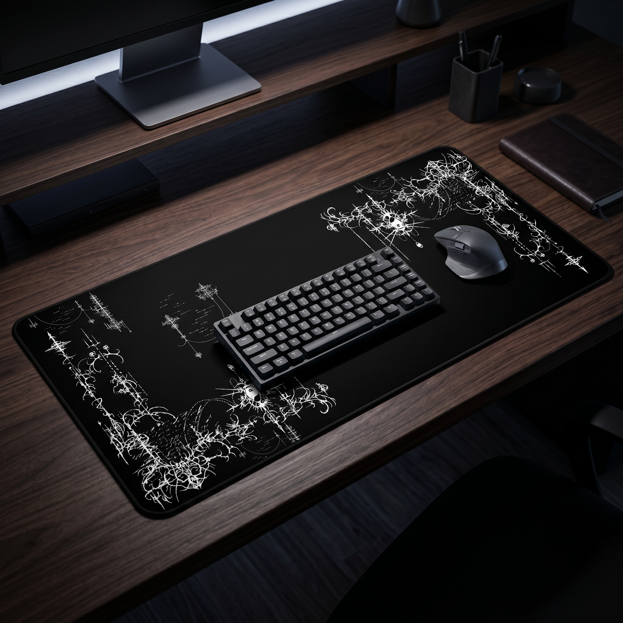 Gothic Chandelier Flourish – Black Desk Mat – Ornate Filigree Mouse Pad