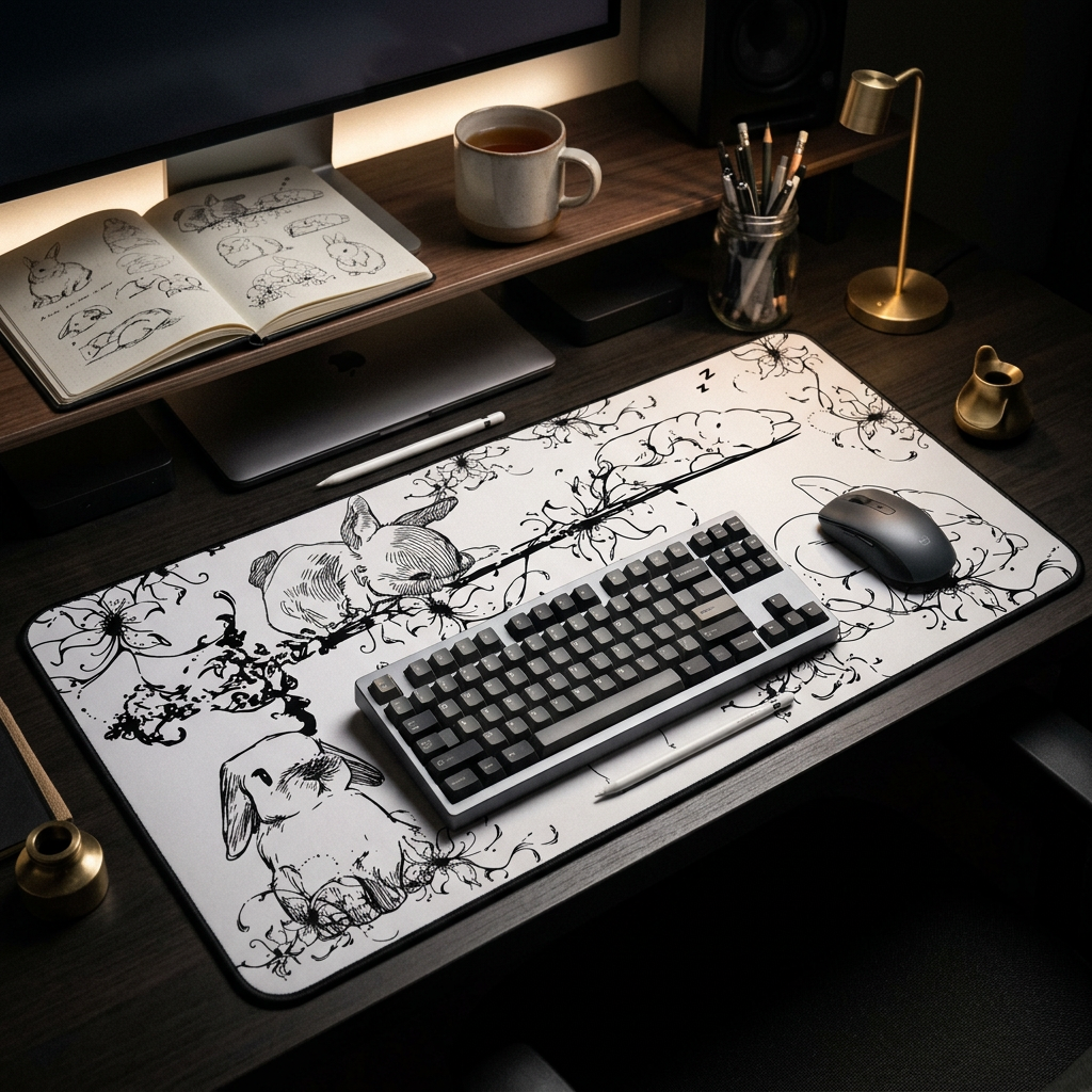 Sleeping Bunny Doodles – White Desk Mat – Cute Rabbit Illustration Mouse Pad