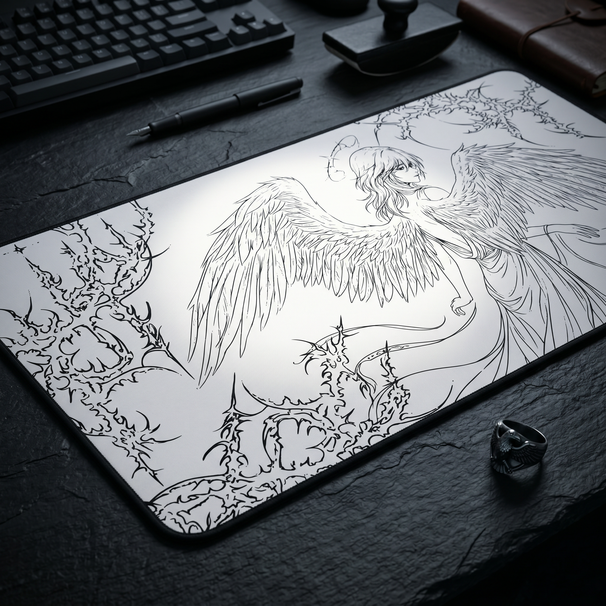 Angel Wings – White Desk Mat – Line Art Angel Mouse Pad