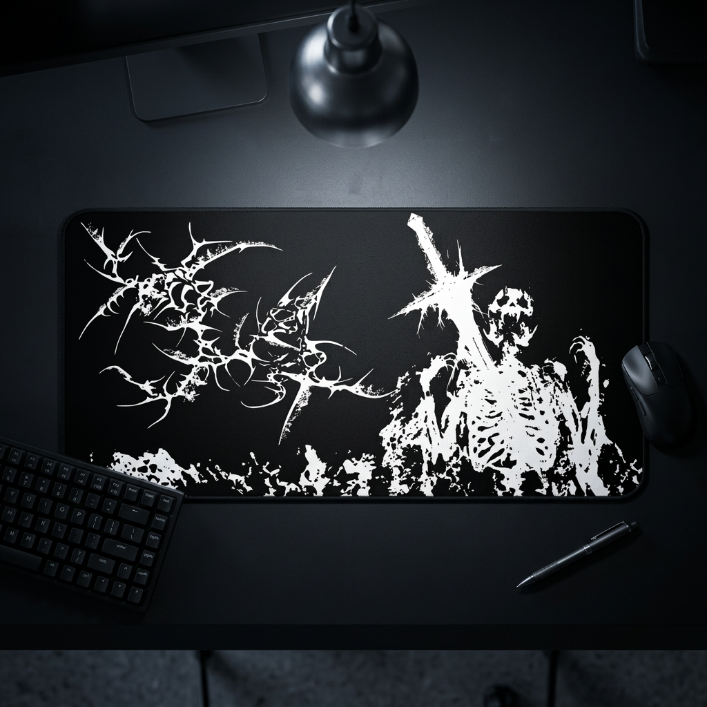 Agony of Fire – Black Desk Mat – Gothic Skeleton Cybersigil Mouse Pad