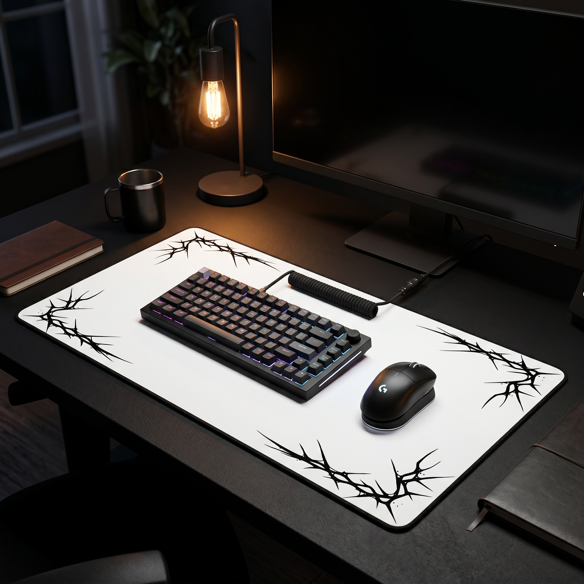 Thorns – White Desk Mat – Minimal Gothic Thorn Mouse Pad