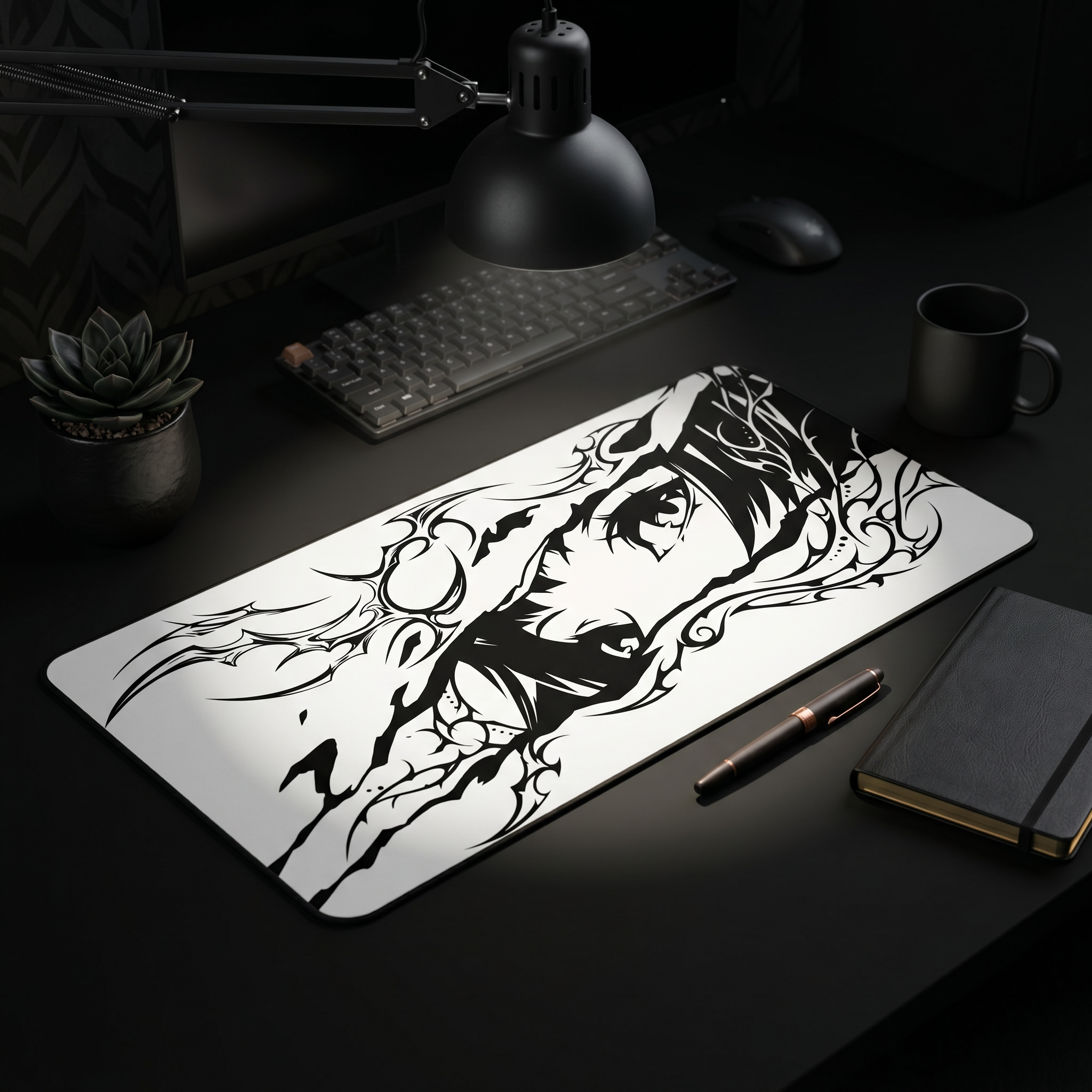 Monochrome Anime Eyes – White Desk Mat – Manga Eye Illustration Mouse Pad