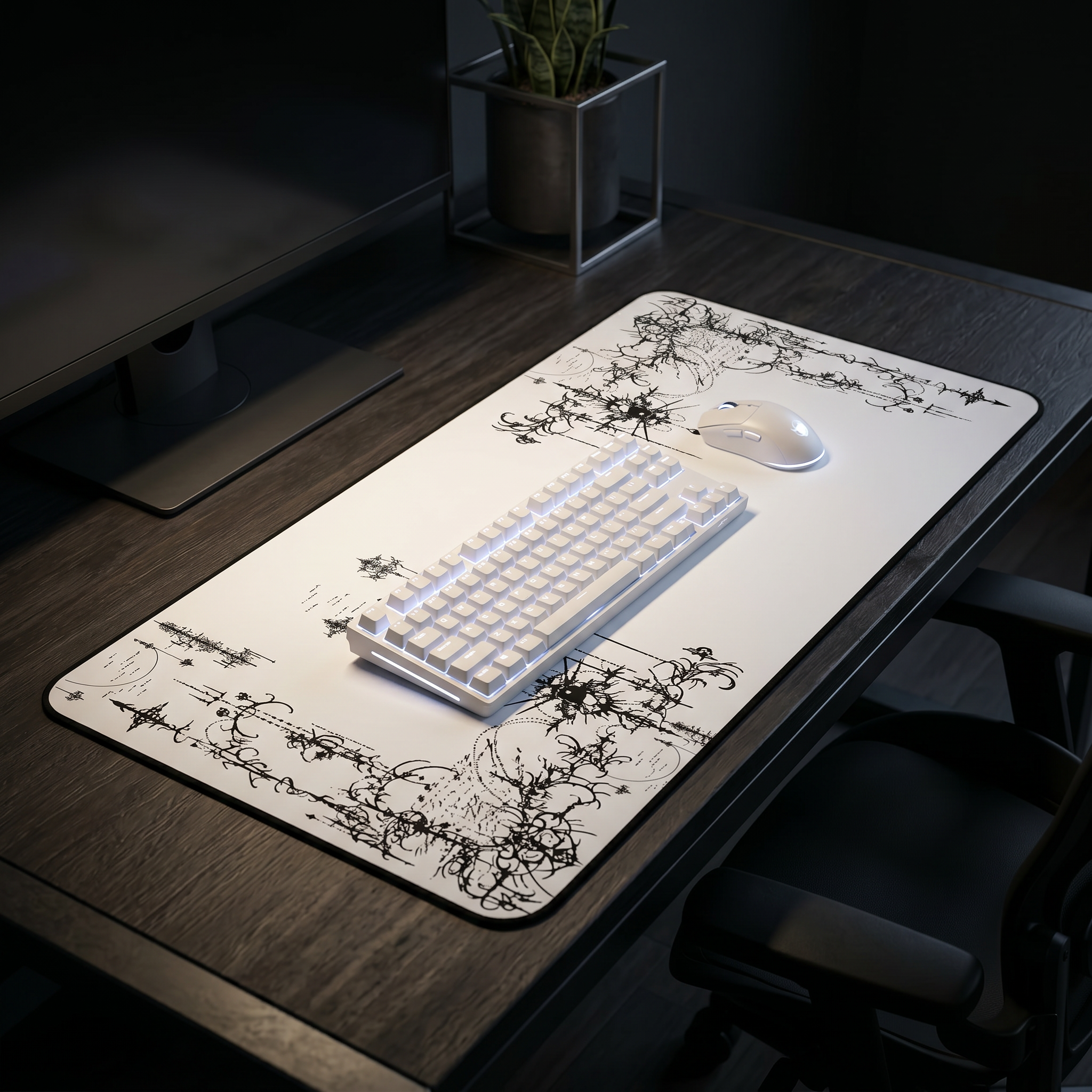Ornate Grunge Corner – White Desk Mat – Gothic Flourish Mouse Pad