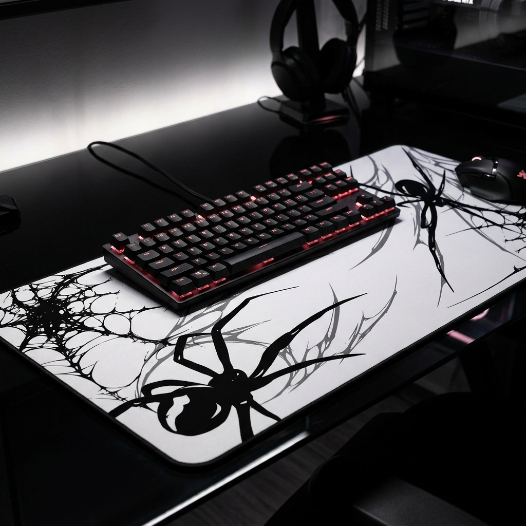 Black Spider Web – White Desk Mat – Minimal Gothic Spider Mouse Pad