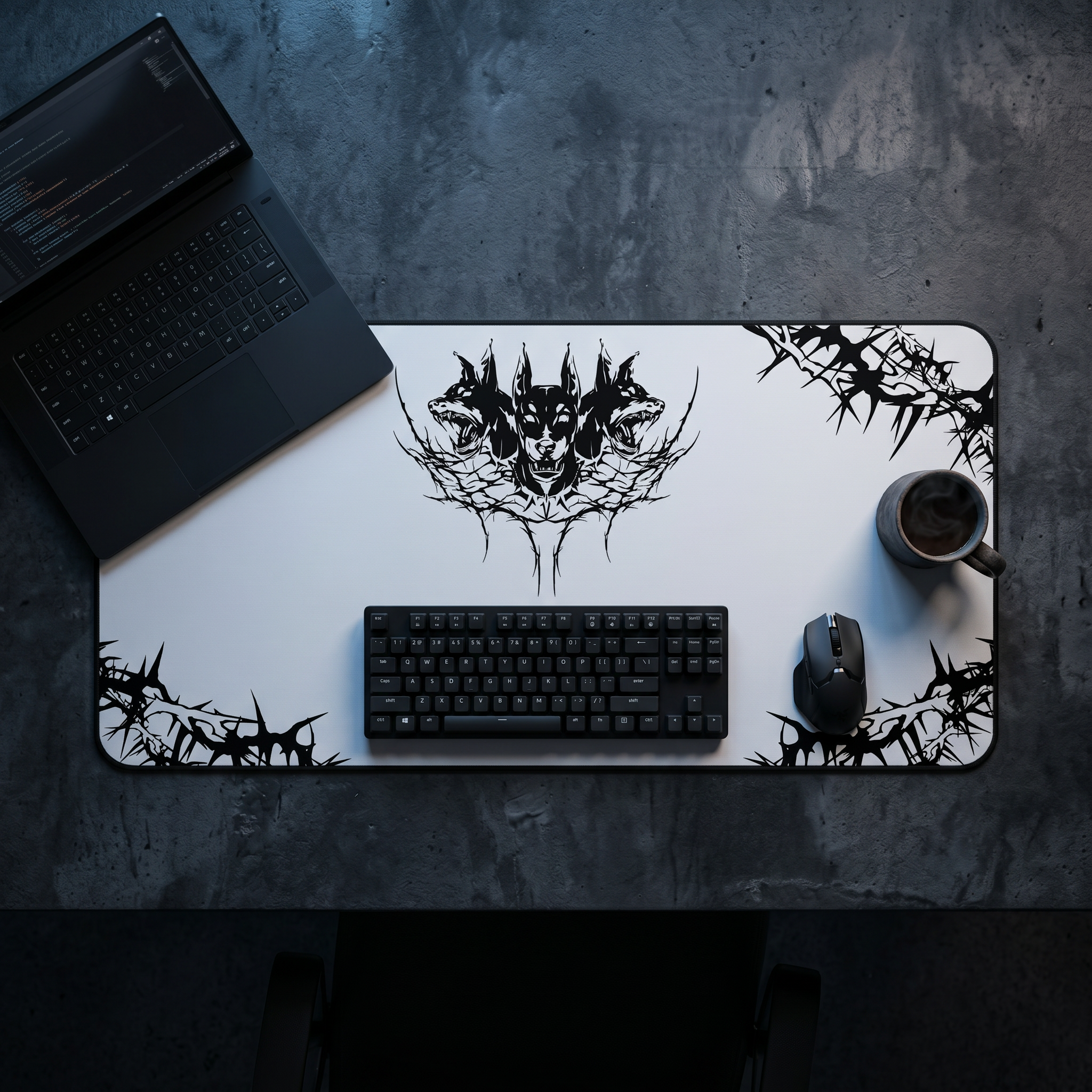 Hell Hounds – White Desk Mat – Cyber Sigil Hellhound Mouse Pad