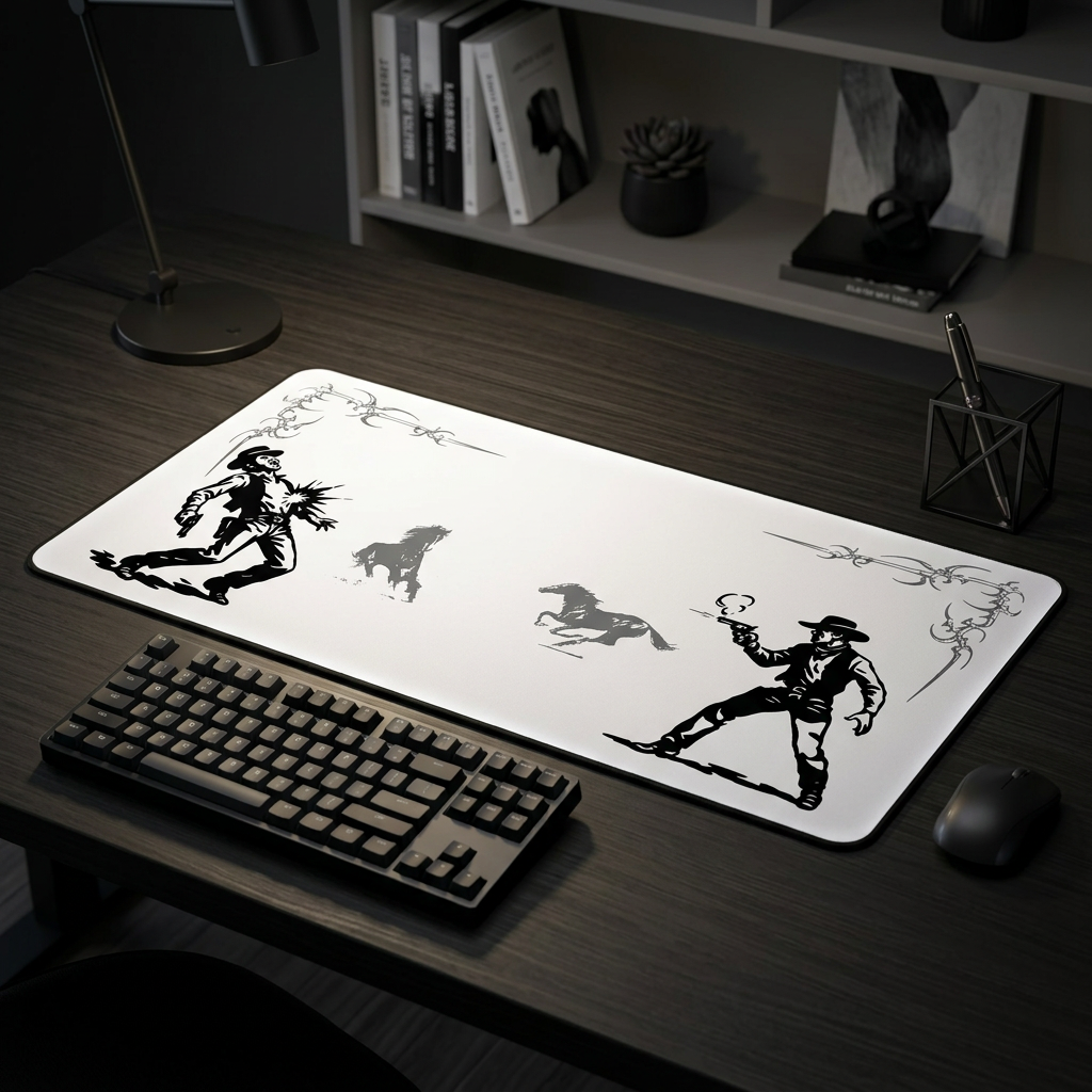 Vintage Western Duel – Black Desk Mat – Cowboy Shootout Mouse Pad