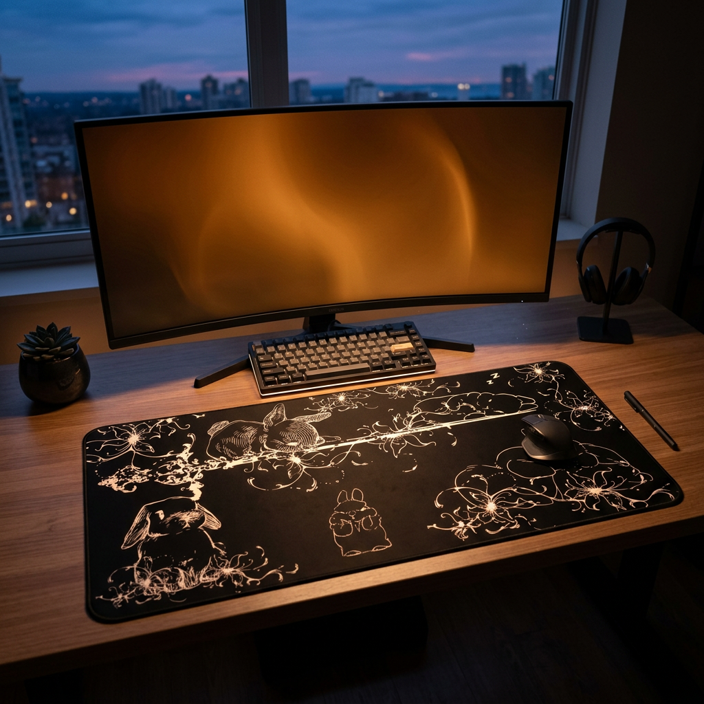 Sleeping Cute Bunnies – Black Desk Mat – Floral Rabbit Mouse Pad