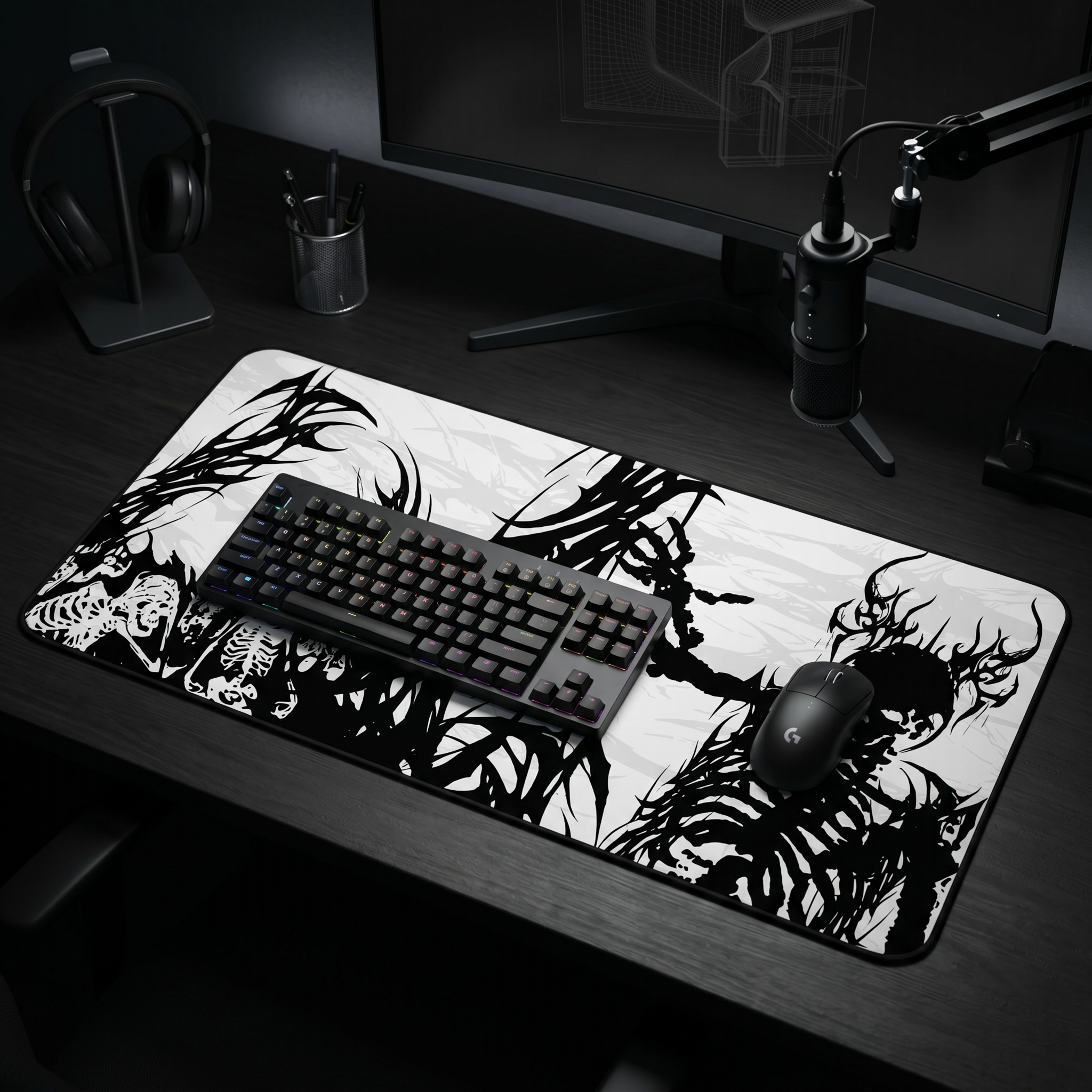 King of Torment – White Desk Mat – Cyber Sigil Skeleton King Mouse Pad