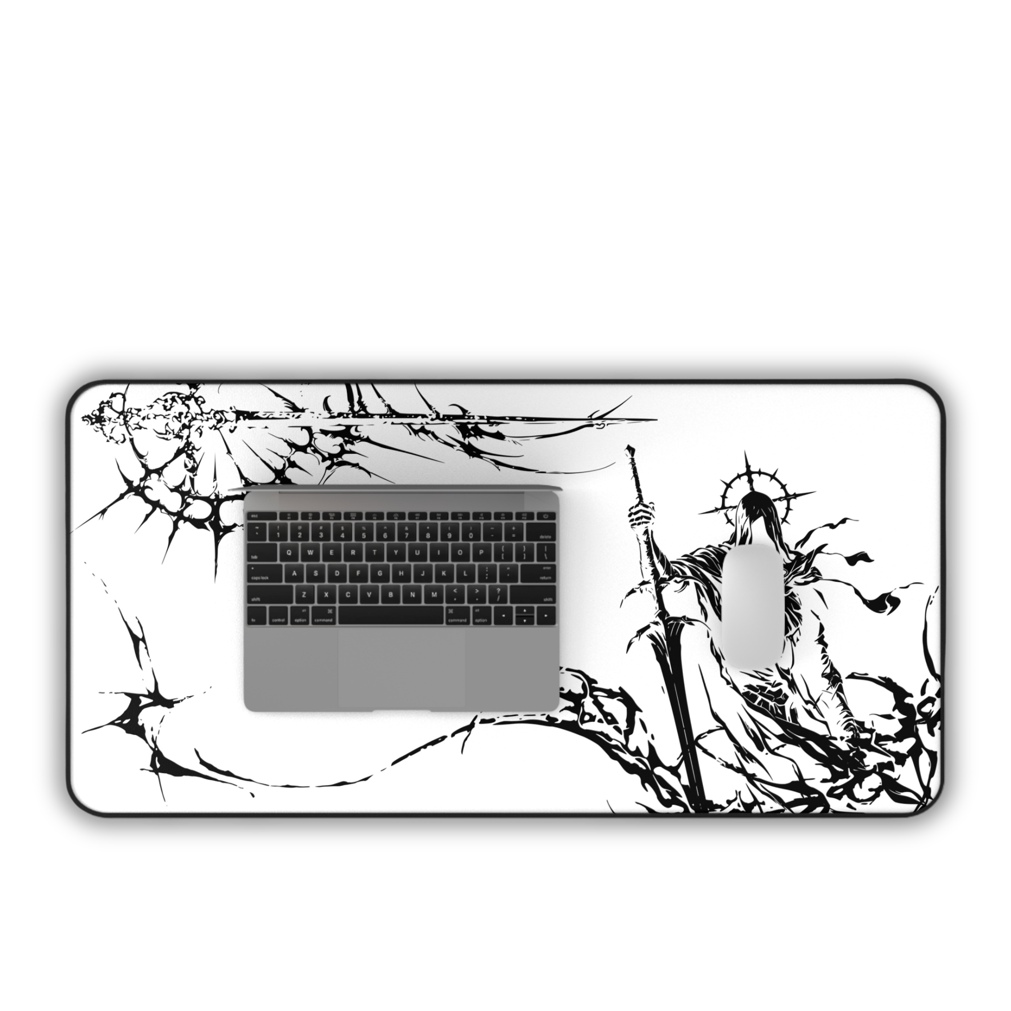 Grim Reaper Spear – White Desk Mat – Gothic Skeleton Warrior Mouse Pad