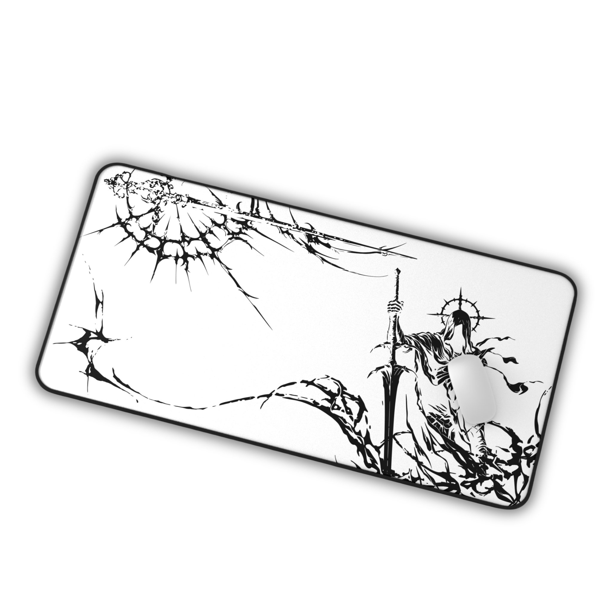 Grim Reaper Spear – White Desk Mat – Gothic Skeleton Warrior Mouse Pad