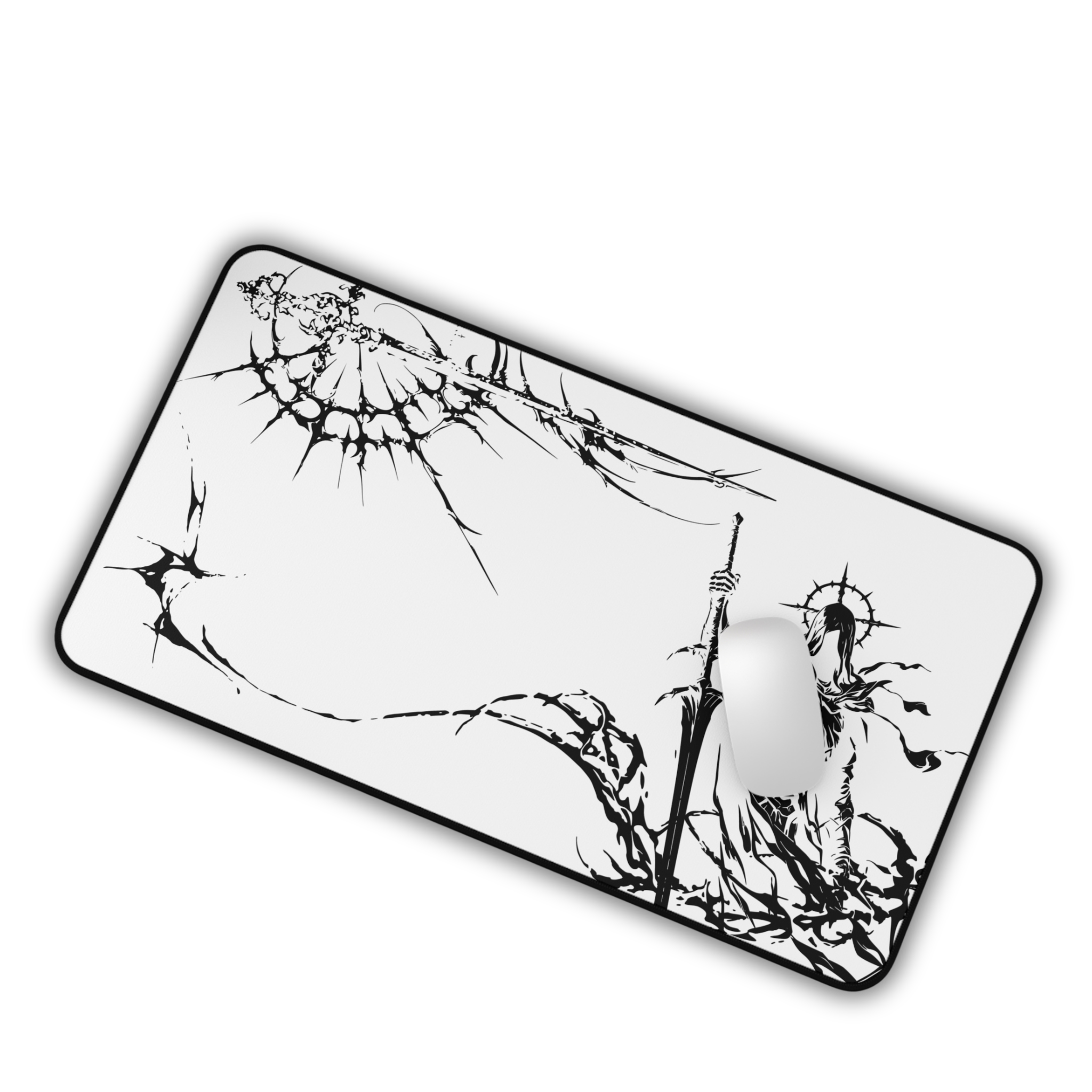 Grim Reaper Spear – White Desk Mat – Gothic Skeleton Warrior Mouse Pad