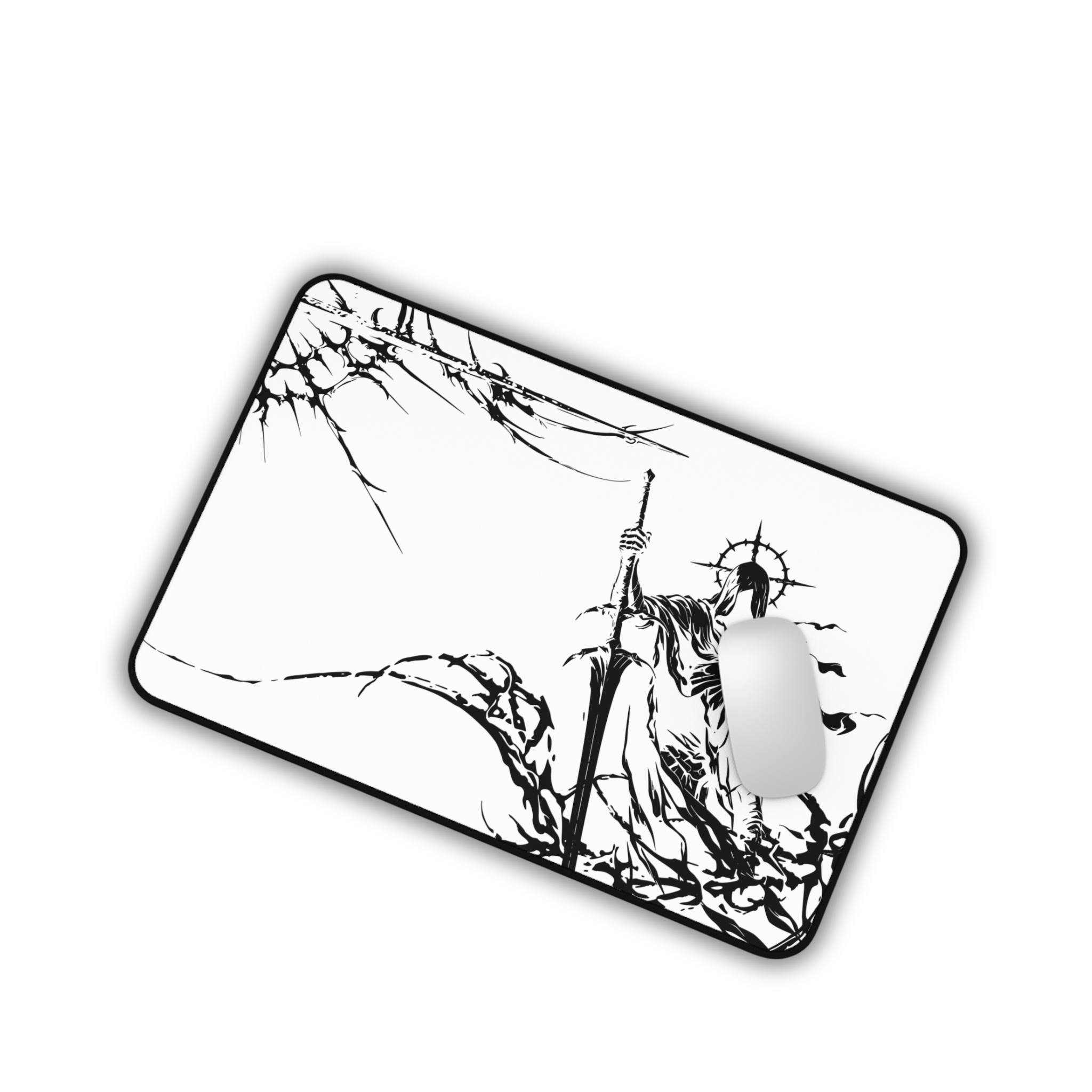Grim Reaper Spear – White Desk Mat – Gothic Skeleton Warrior Mouse Pad