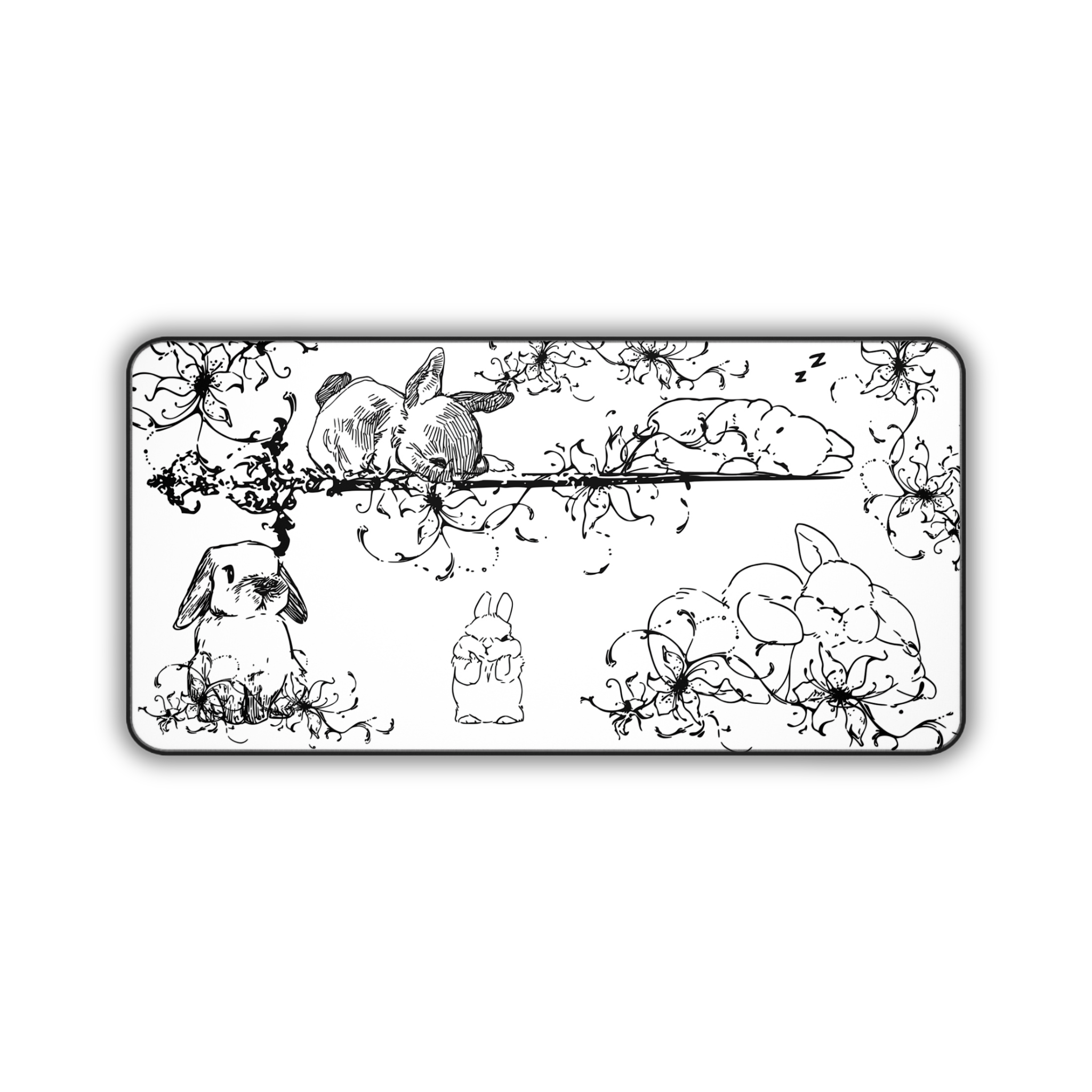 Sleeping Bunny Doodles – White Desk Mat – Cute Rabbit Illustration Mouse Pad