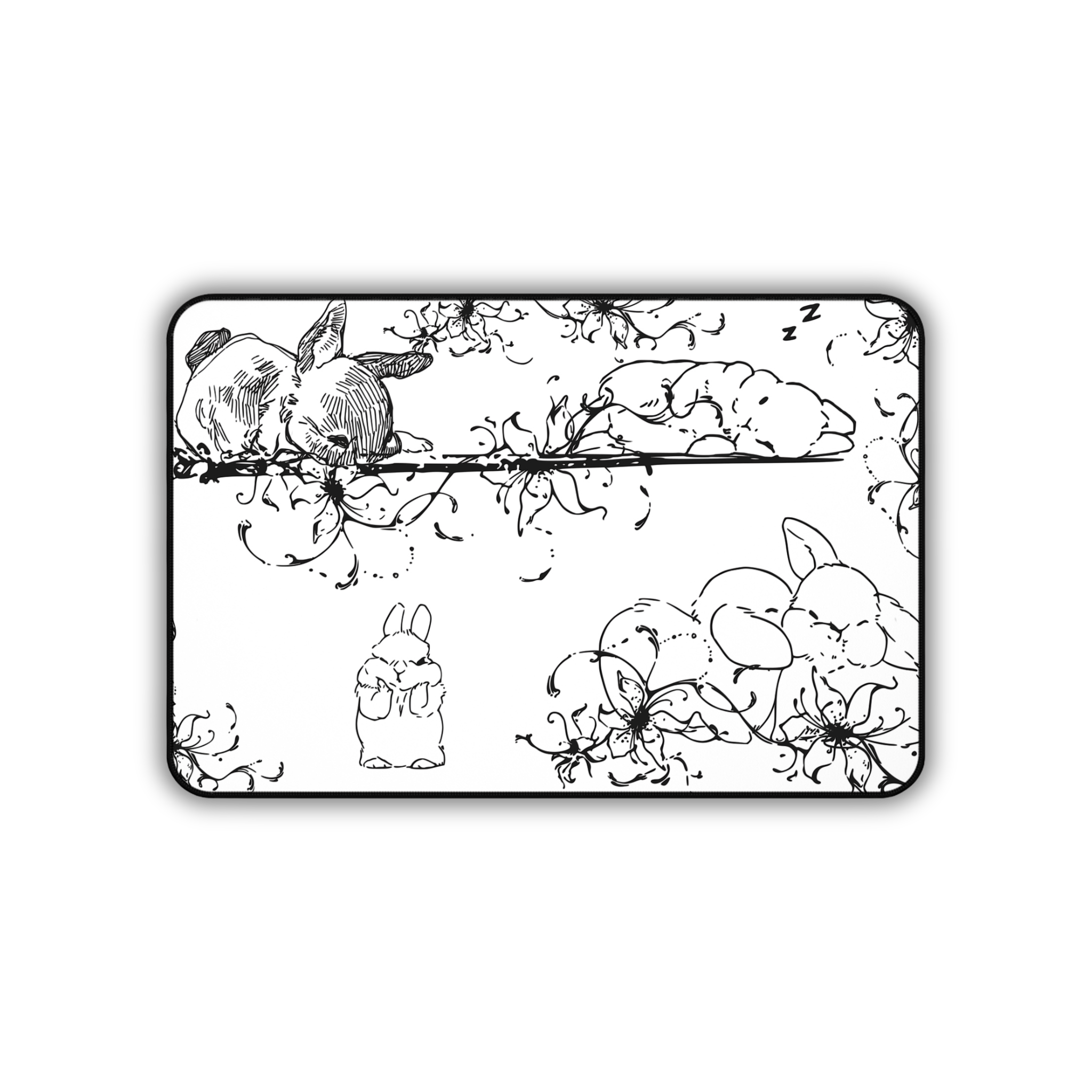 Sleeping Bunny Doodles – White Desk Mat – Cute Rabbit Illustration Mouse Pad