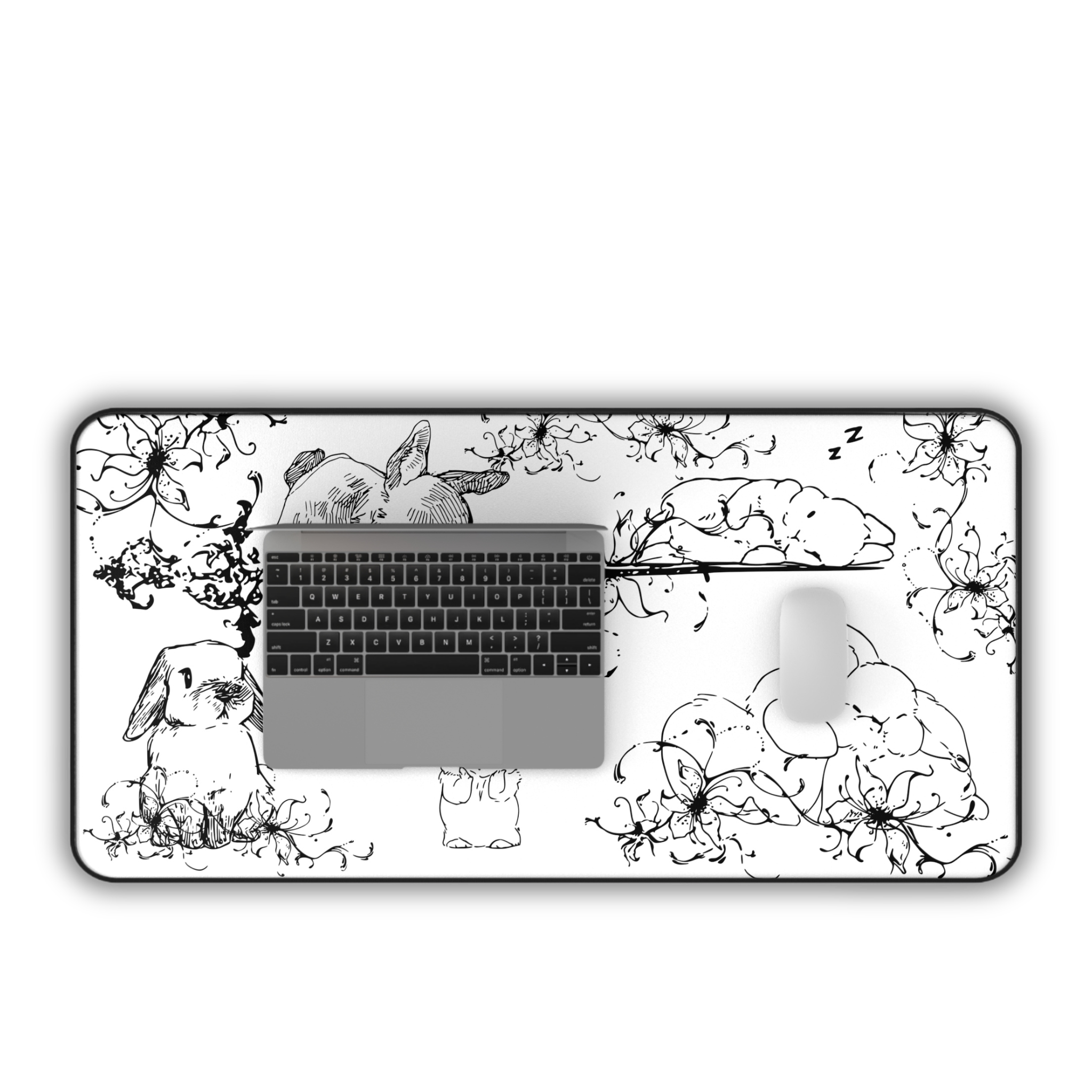 Sleeping Bunny Doodles – White Desk Mat – Cute Rabbit Illustration Mouse Pad