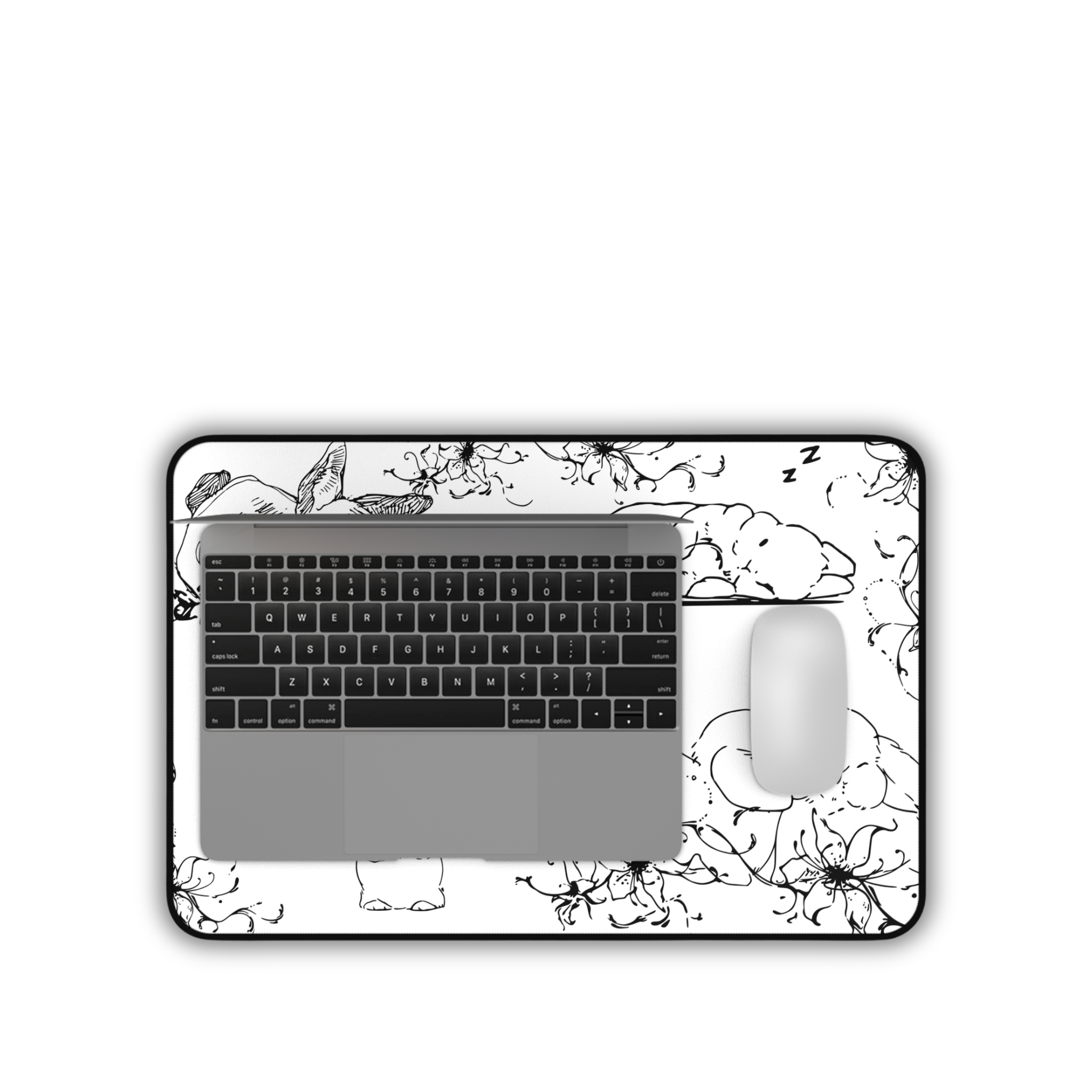 Sleeping Bunny Doodles – White Desk Mat – Cute Rabbit Illustration Mouse Pad