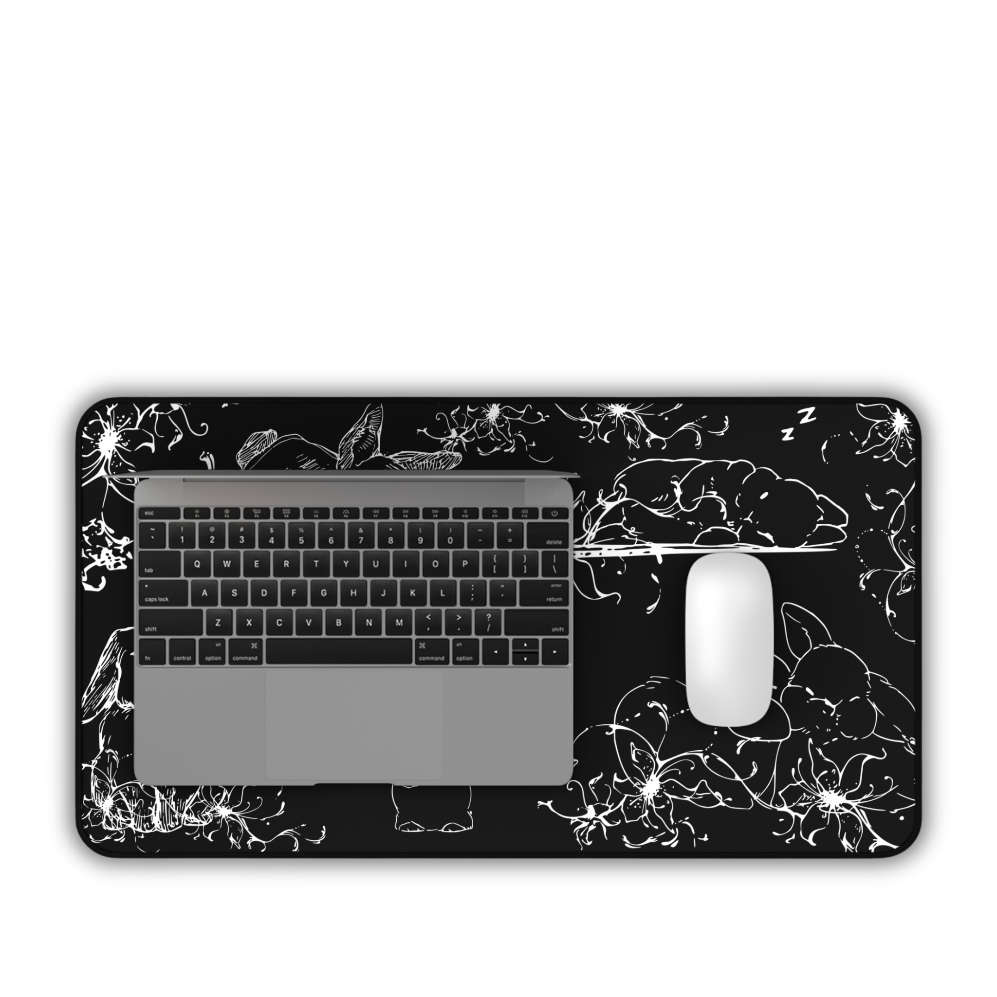 Sleeping Cute Bunnies – Black Desk Mat – Floral Rabbit Mouse Pad