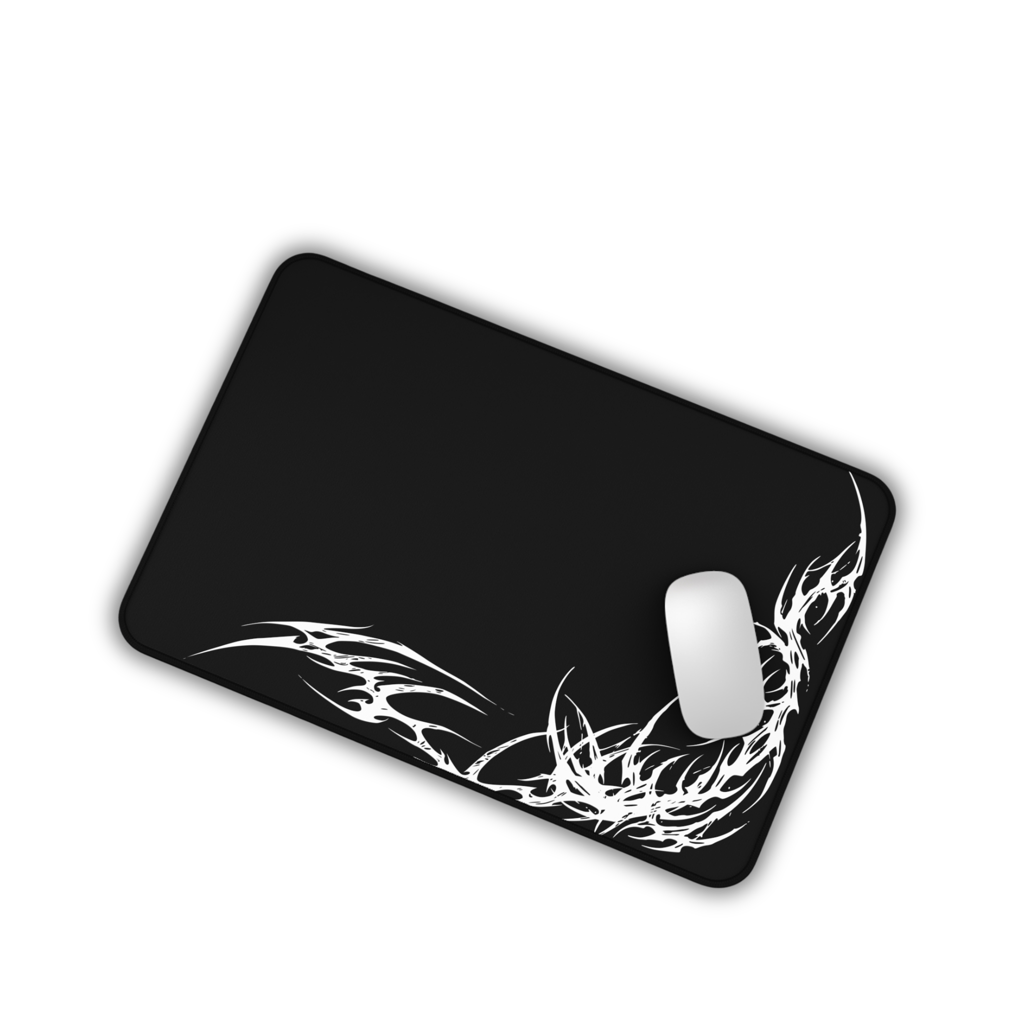 White Tribal Flame Corner – Black Desk Mat – Minimal Tribal Mouse Pad