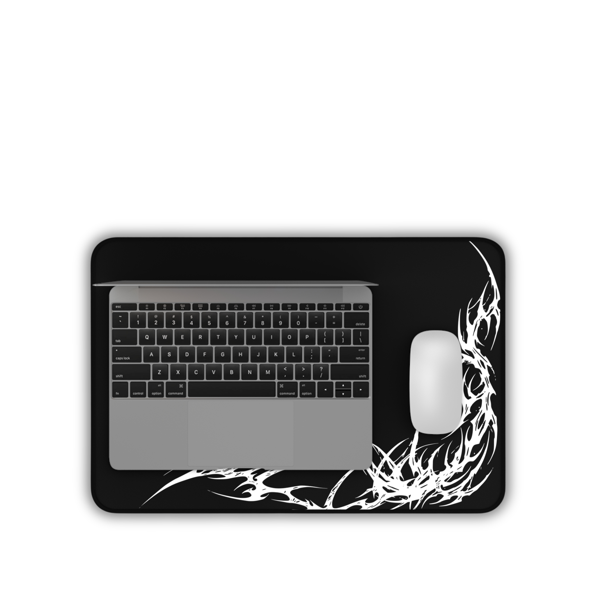 White Tribal Flame Corner – Black Desk Mat – Minimal Tribal Mouse Pad