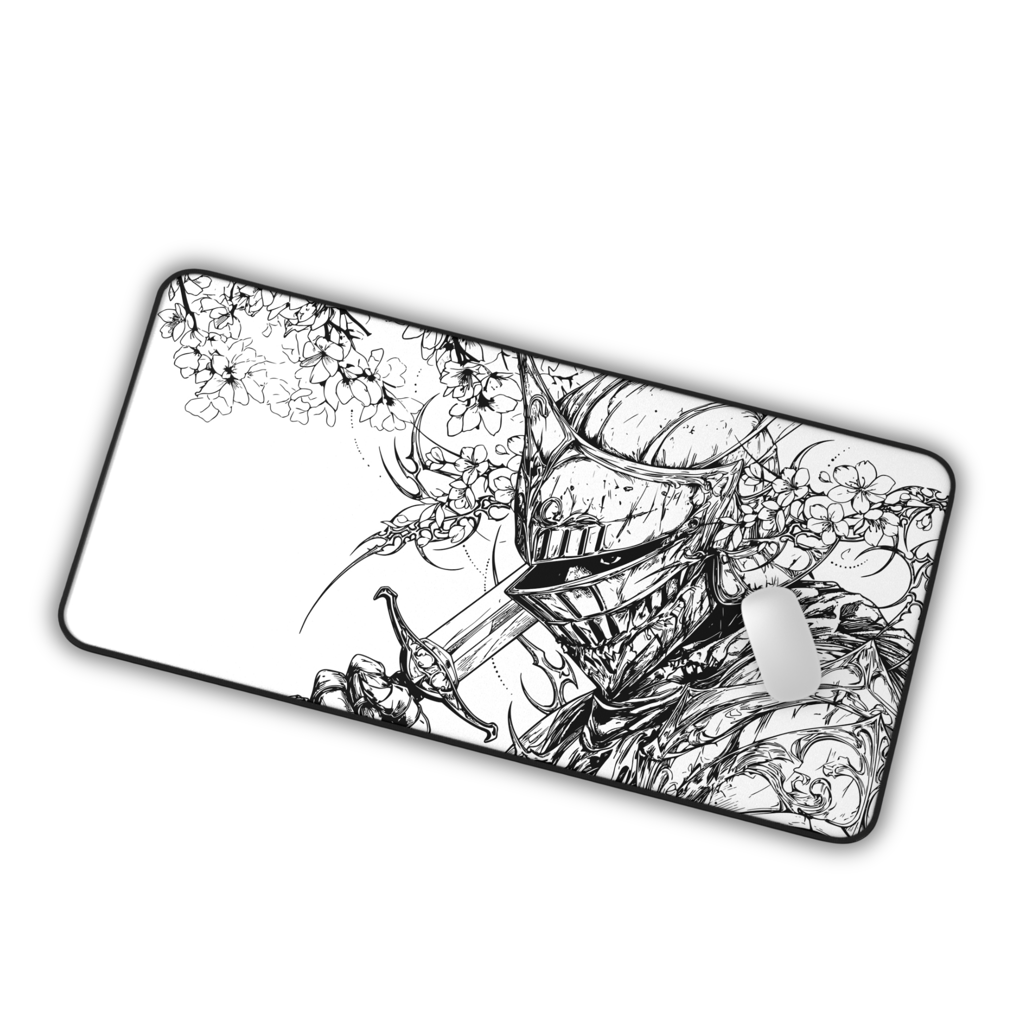 Sakura Knight – White Desk Mat – Medieval Sword Mouse Pad