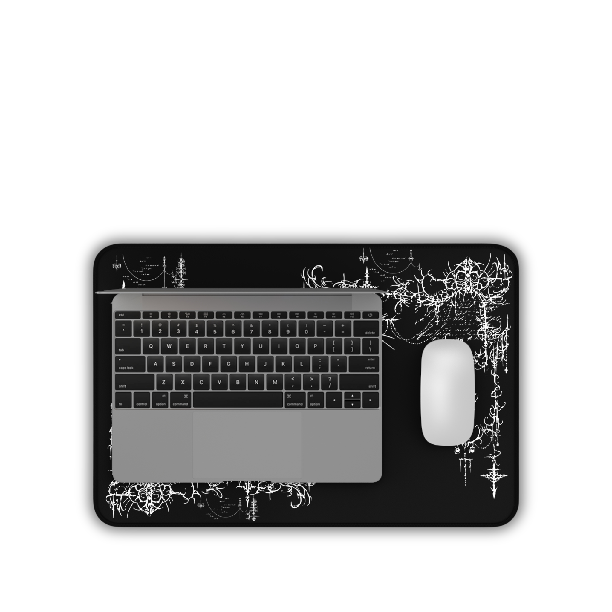 Gothic Chandelier Flourish – Black Desk Mat – Ornate Filigree Mouse Pad