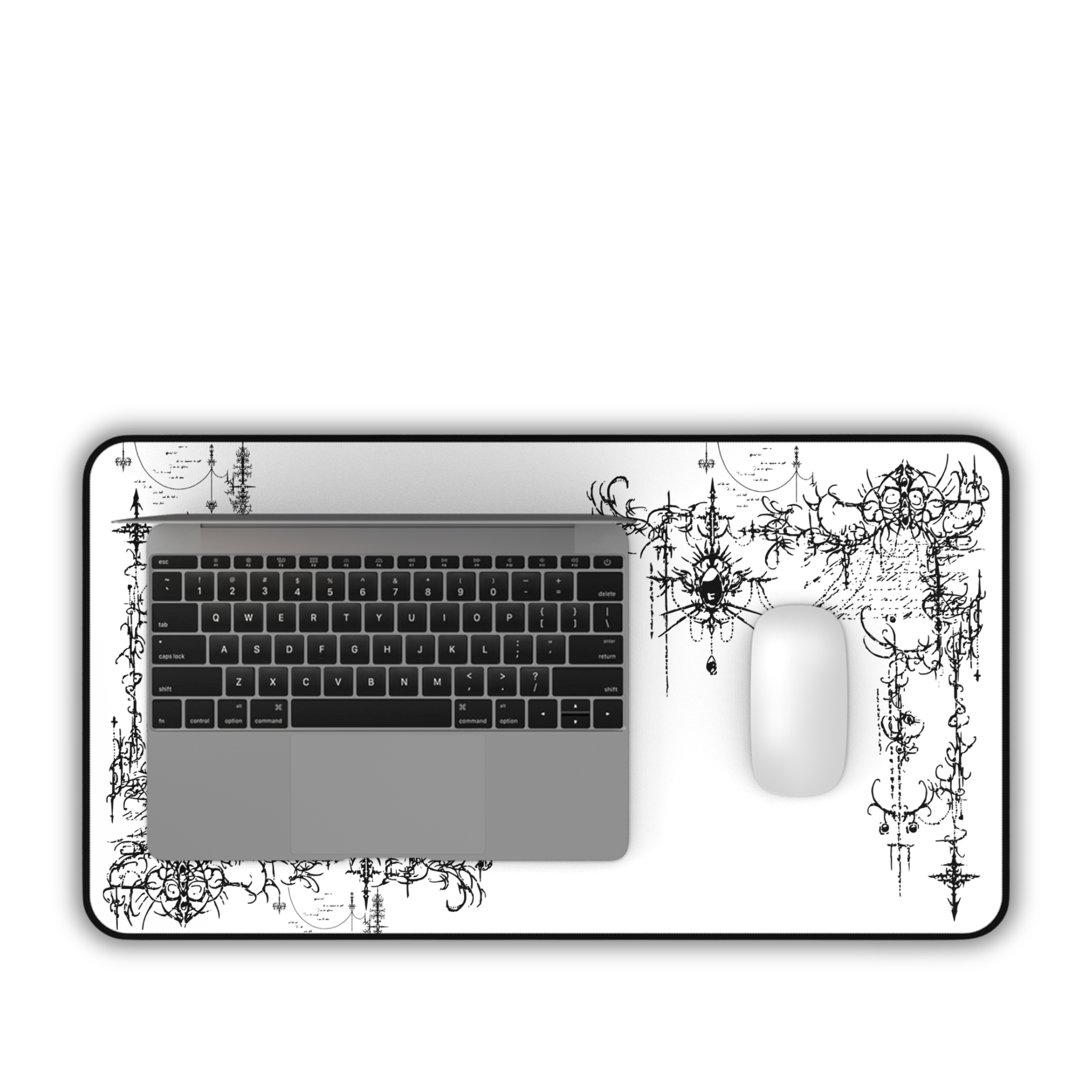 Ornate Grunge Corner – White Desk Mat – Gothic Flourish Mouse Pad