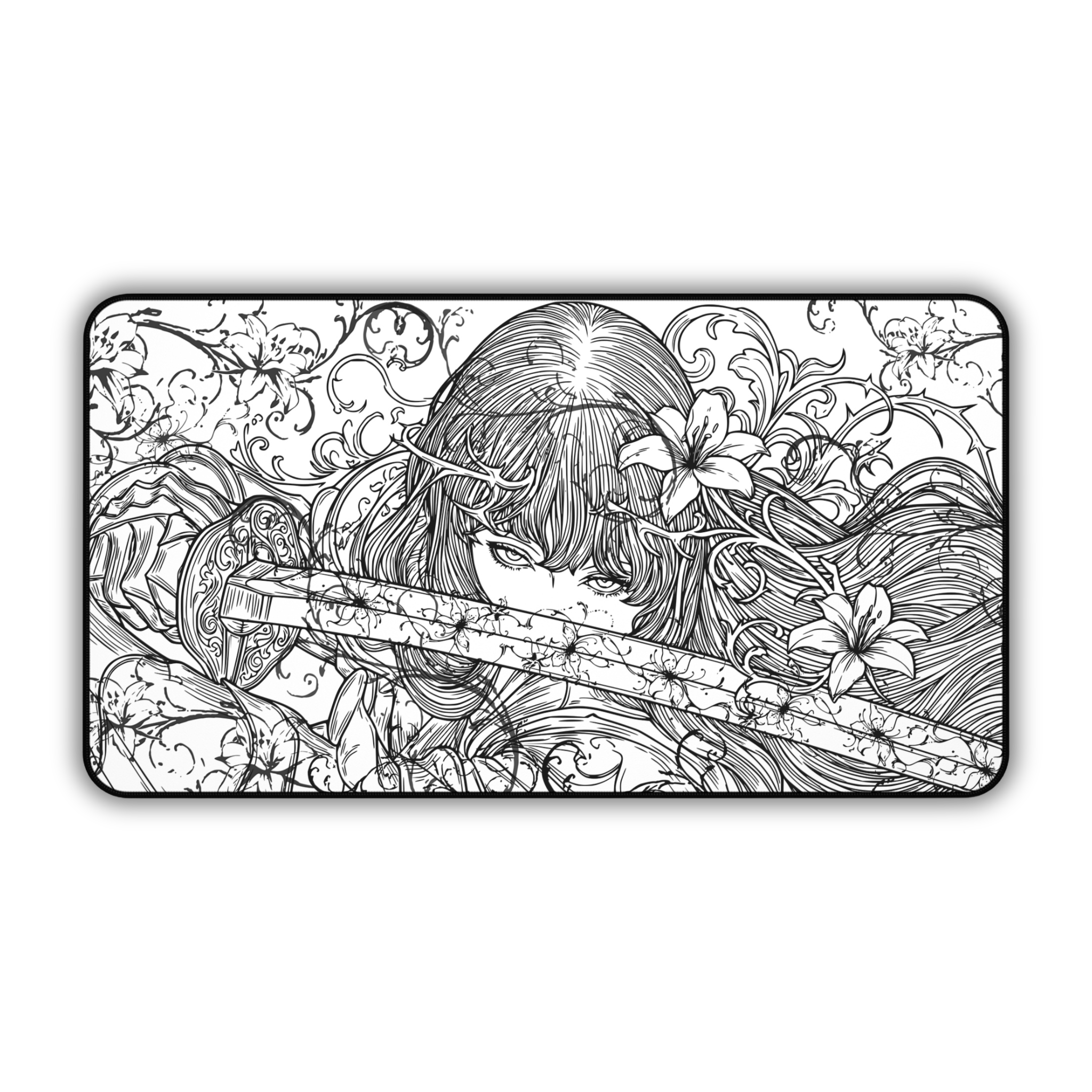 Samurai Girl – White Desk Mat – Monochrome Sword Mouse Pad