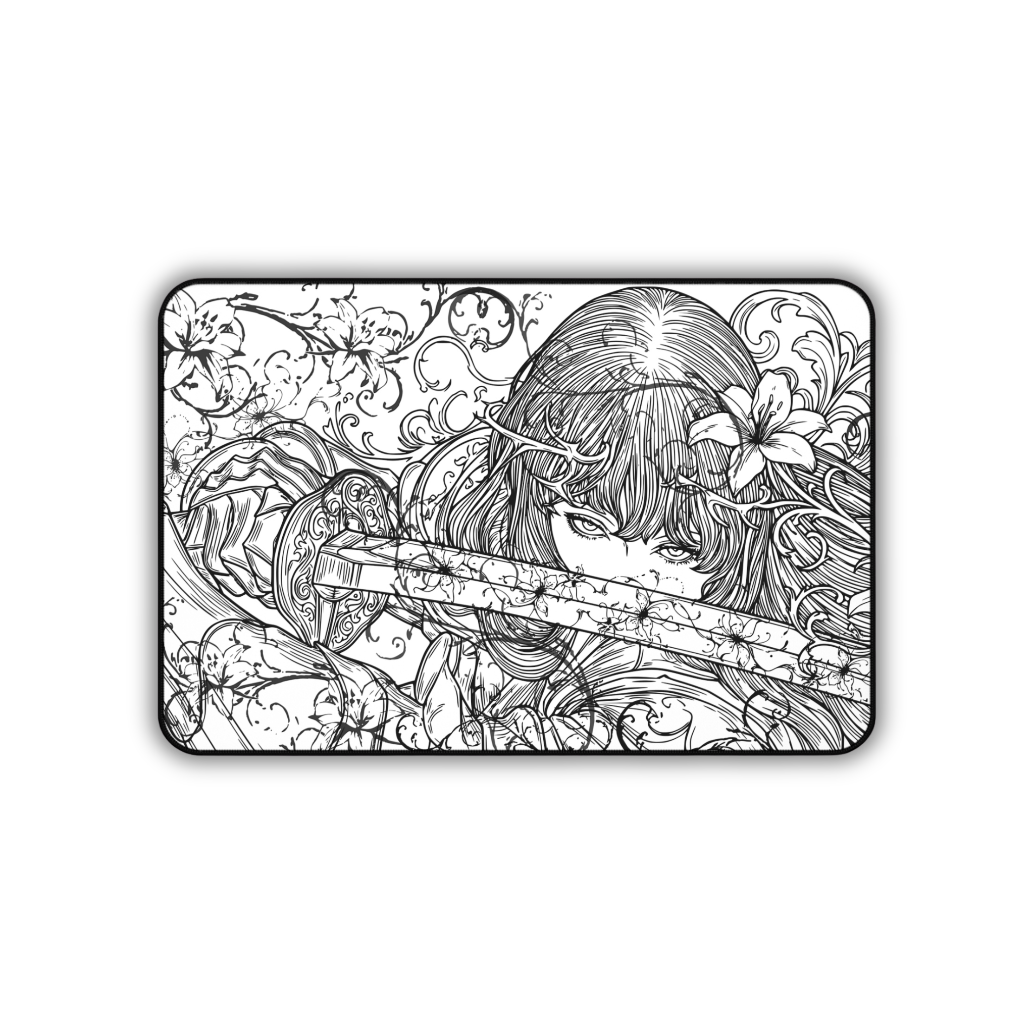 Samurai Girl – White Desk Mat – Monochrome Sword Mouse Pad