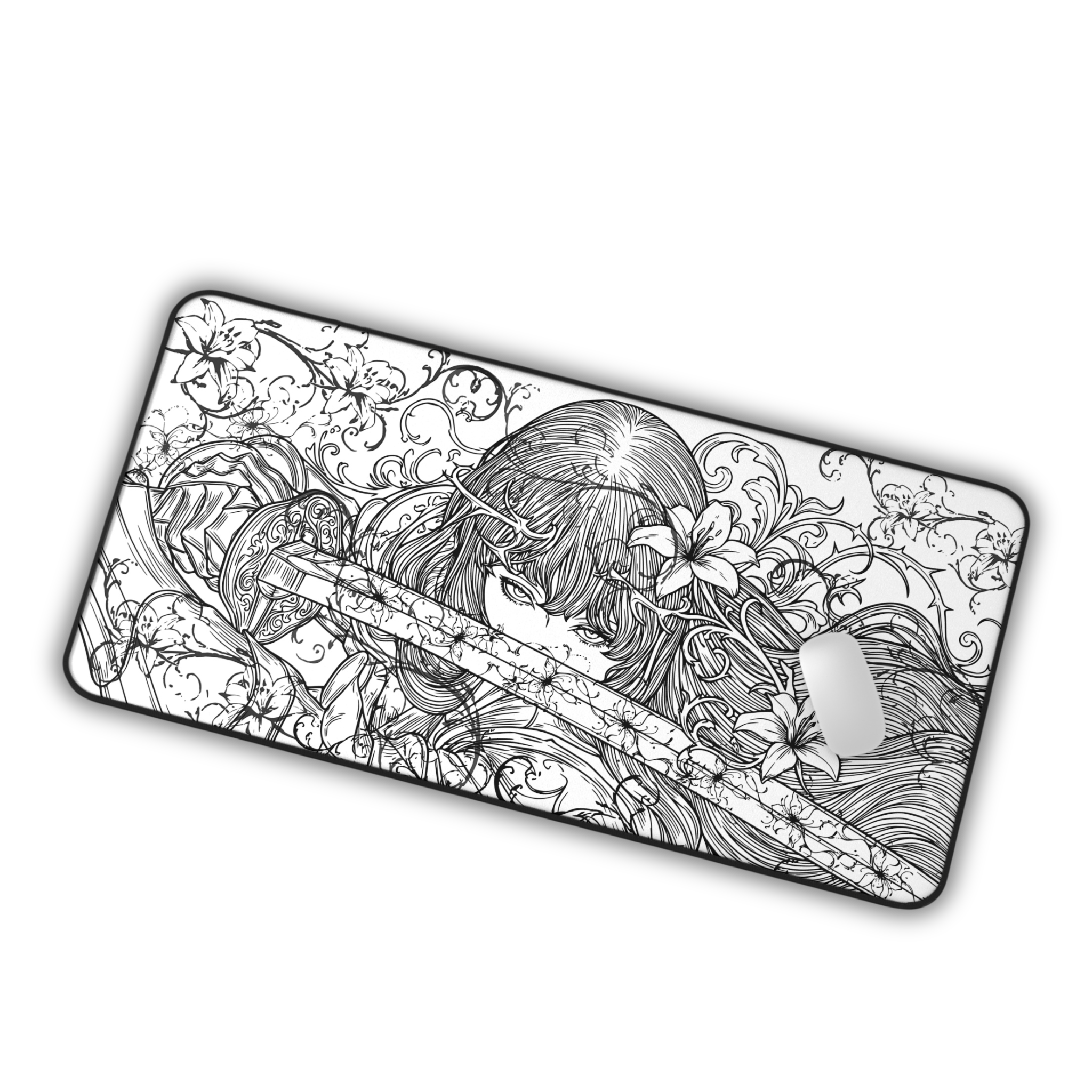 Samurai Girl – White Desk Mat – Monochrome Sword Mouse Pad
