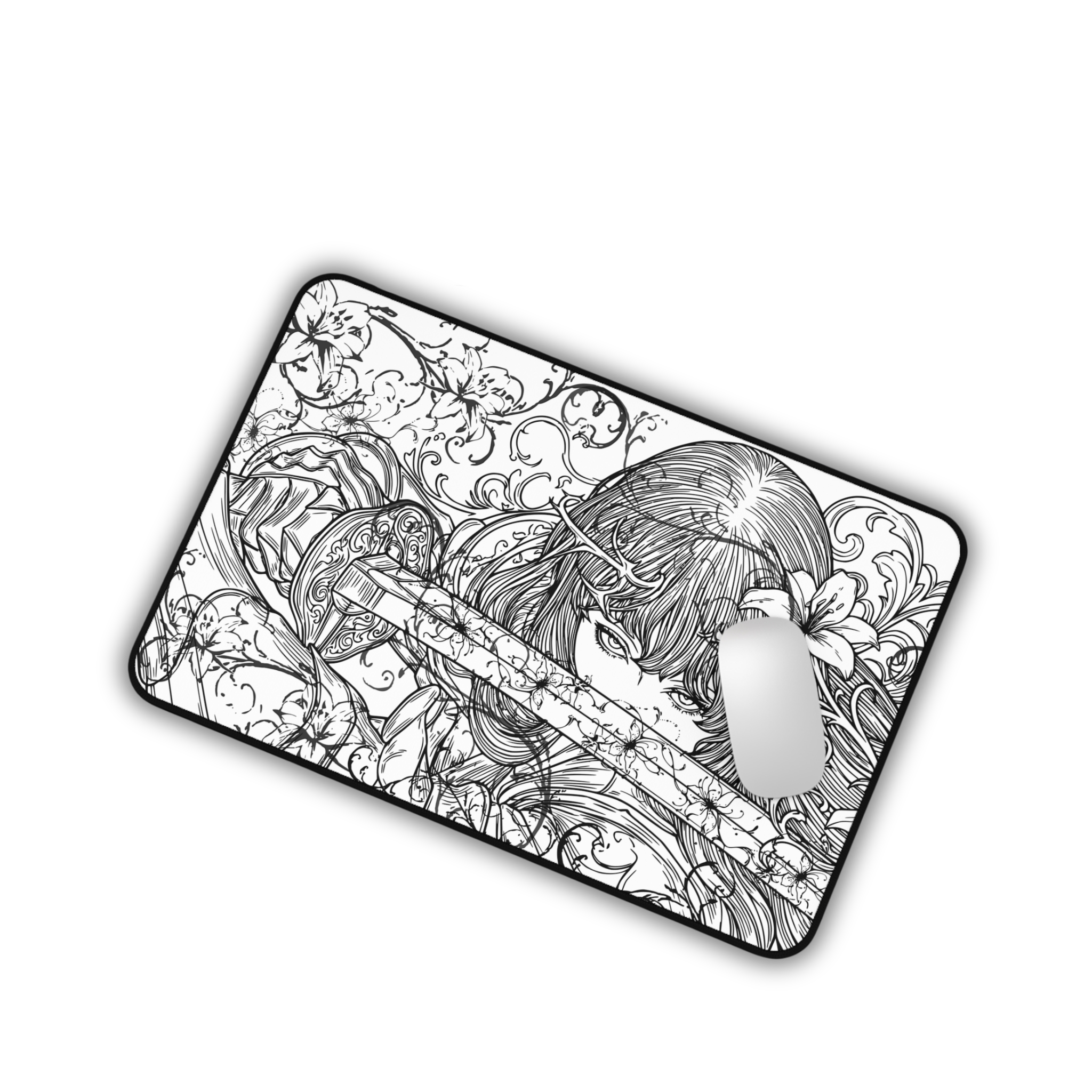 Samurai Girl – White Desk Mat – Monochrome Sword Mouse Pad