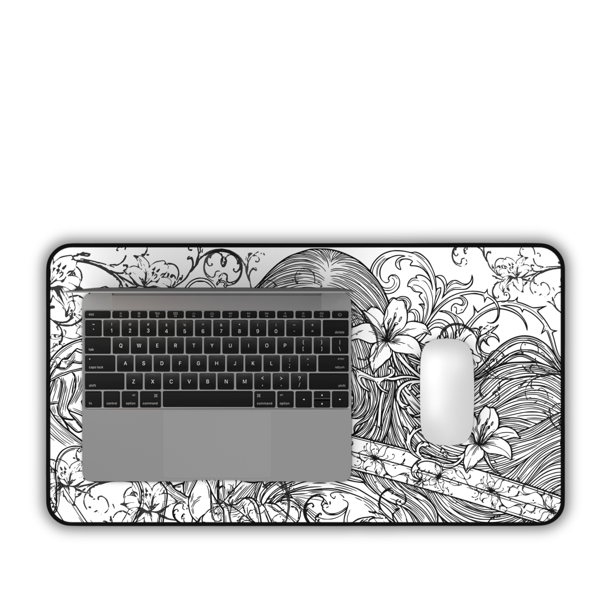 Samurai Girl – White Desk Mat – Monochrome Sword Mouse Pad