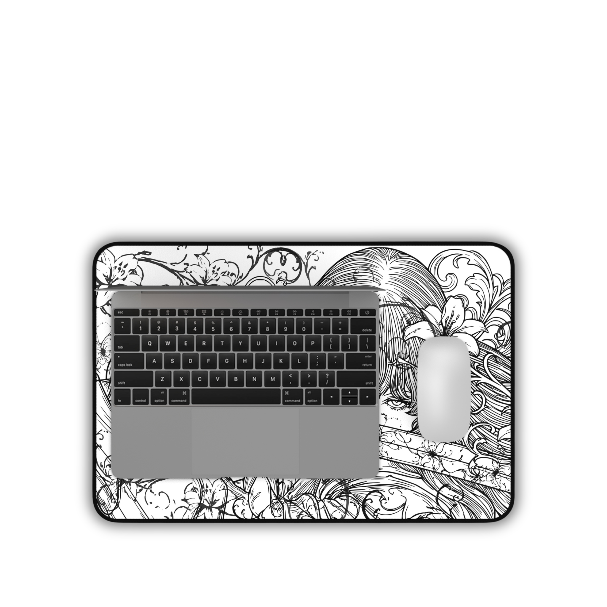 Samurai Girl – White Desk Mat – Monochrome Sword Mouse Pad