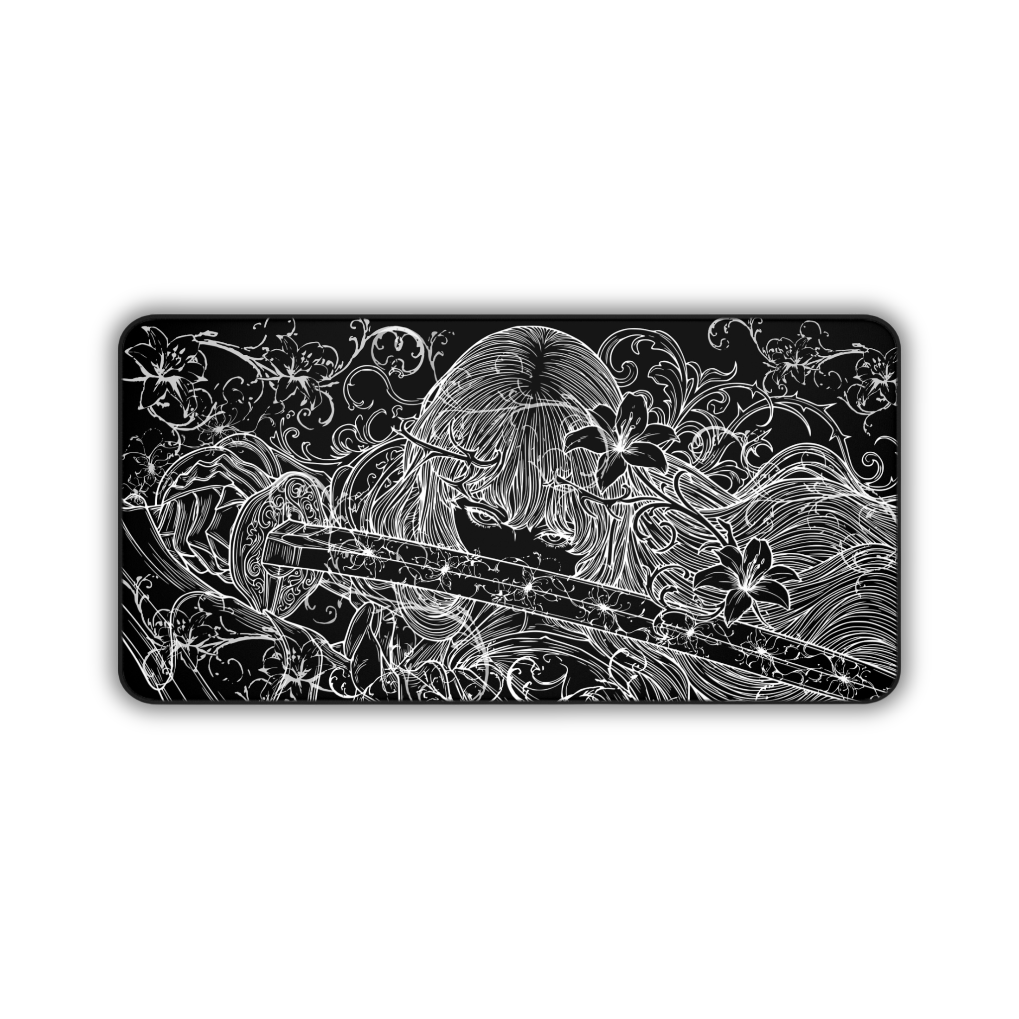 Samurai Girl – Black Desk Mat – Monochrome Sword Mouse Pad