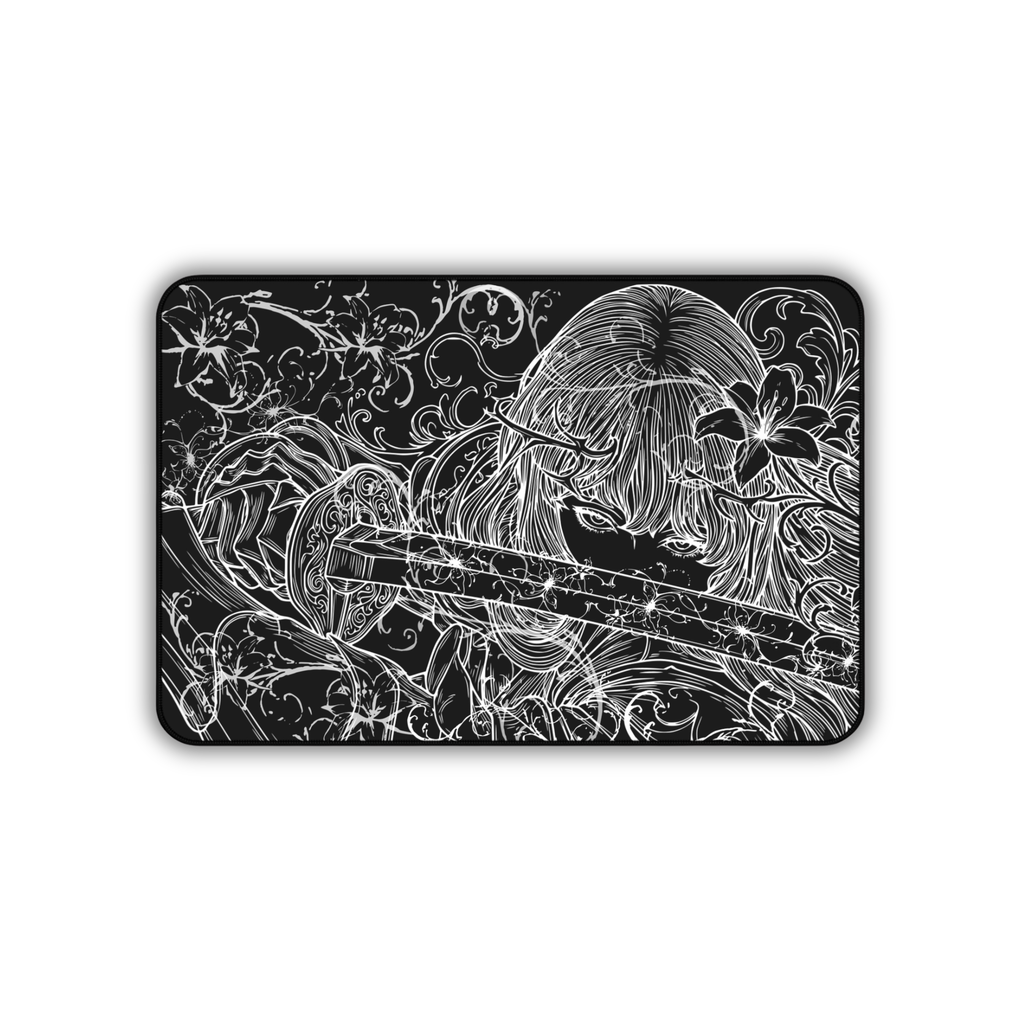 Samurai Girl – Black Desk Mat – Monochrome Sword Mouse Pad