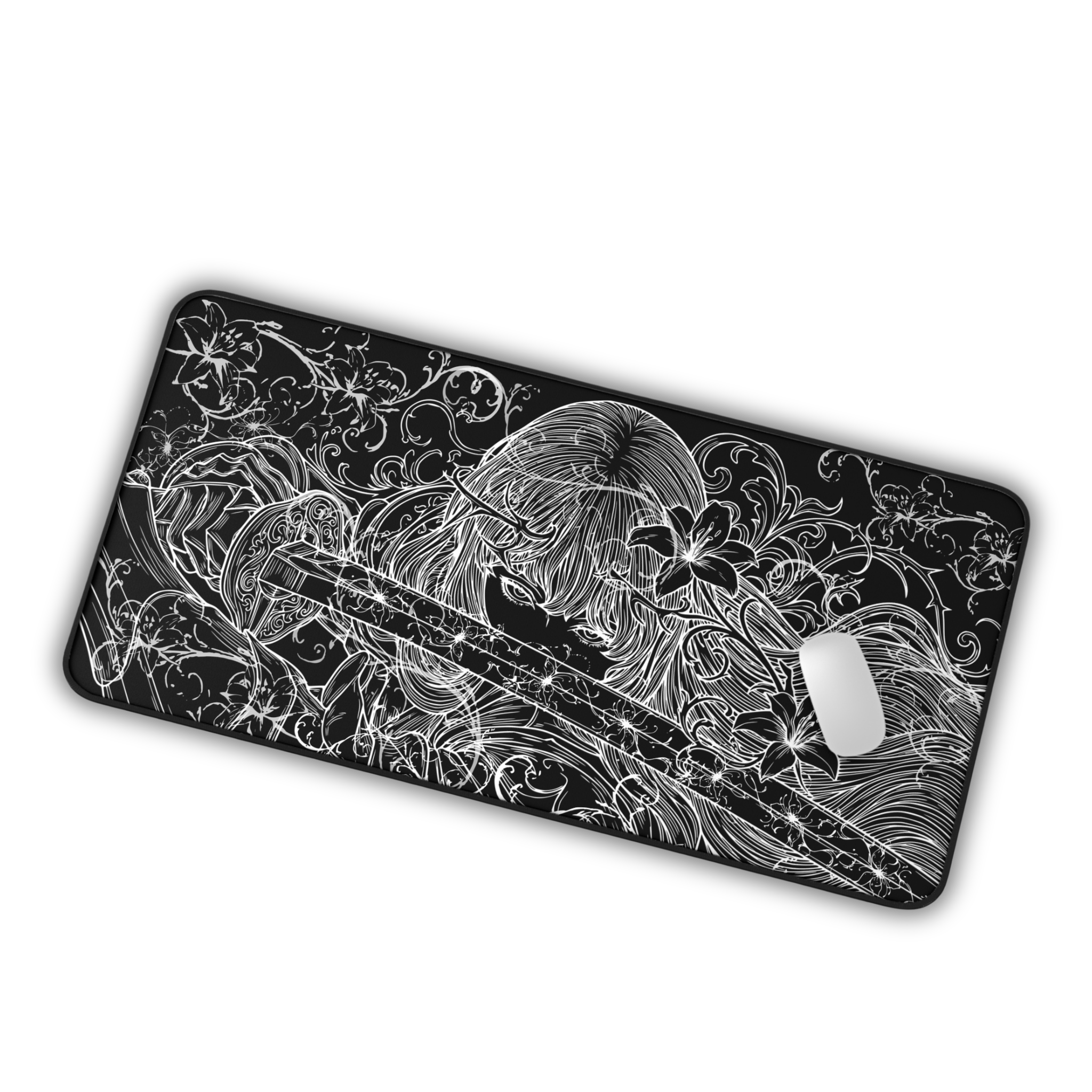Samurai Girl – Black Desk Mat – Monochrome Sword Mouse Pad