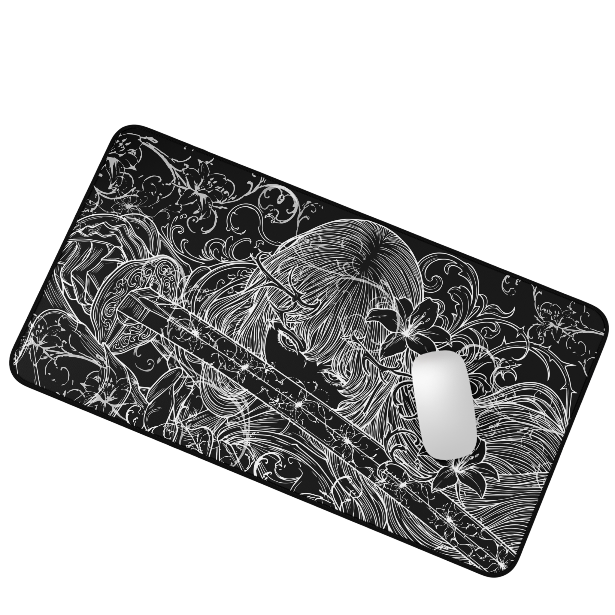 Samurai Girl – Black Desk Mat – Monochrome Sword Mouse Pad