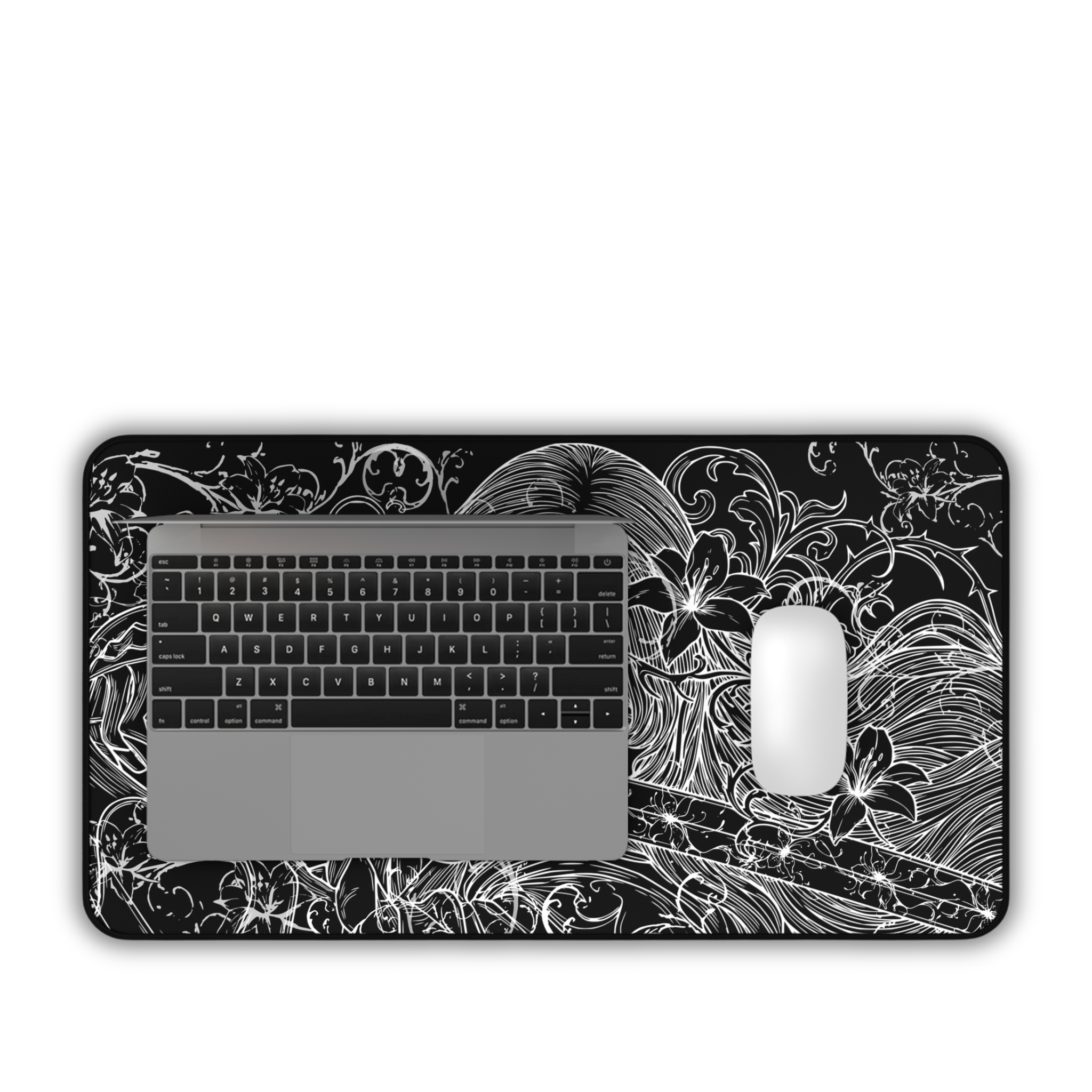 Samurai Girl – Black Desk Mat – Monochrome Sword Mouse Pad
