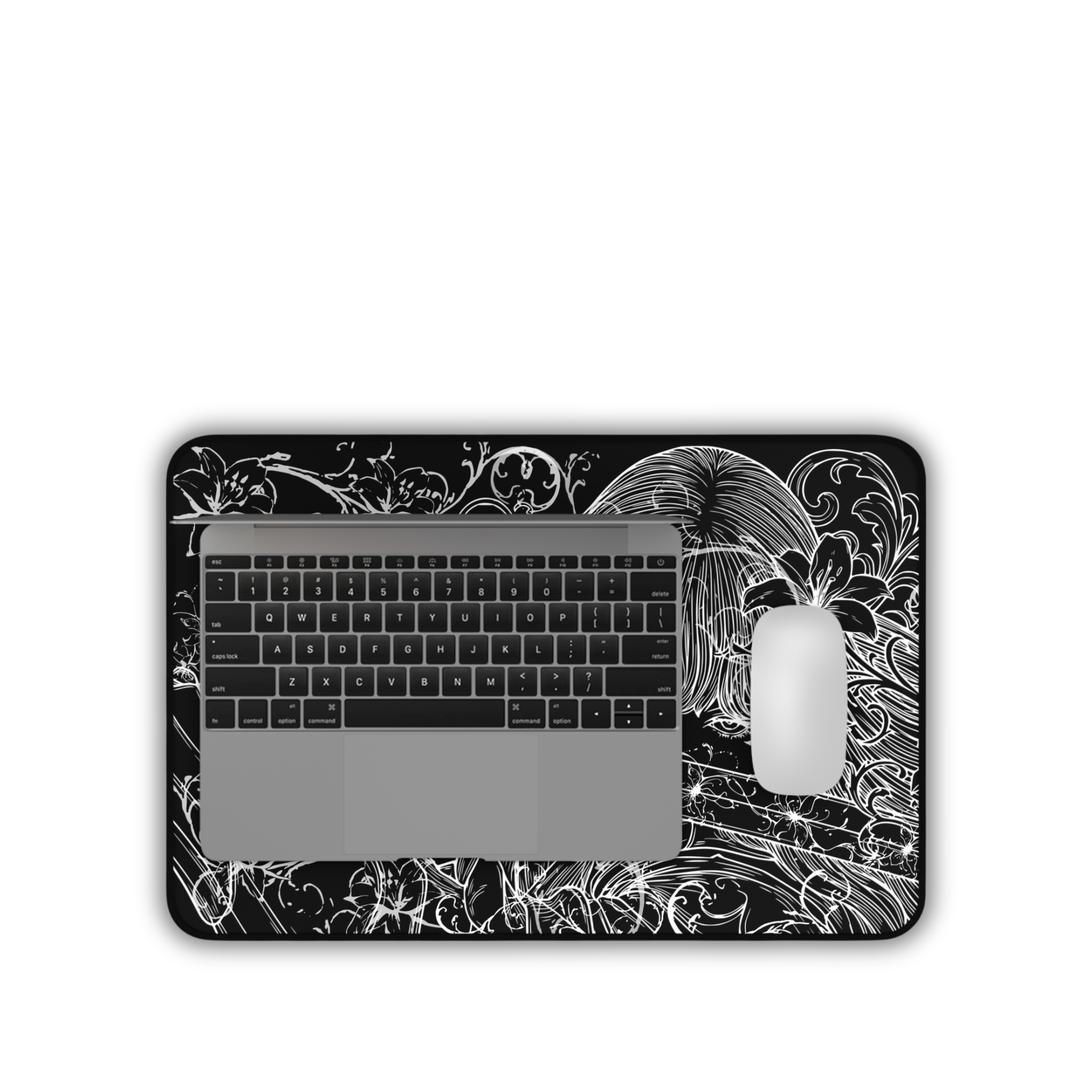 Samurai Girl – Black Desk Mat – Monochrome Sword Mouse Pad
