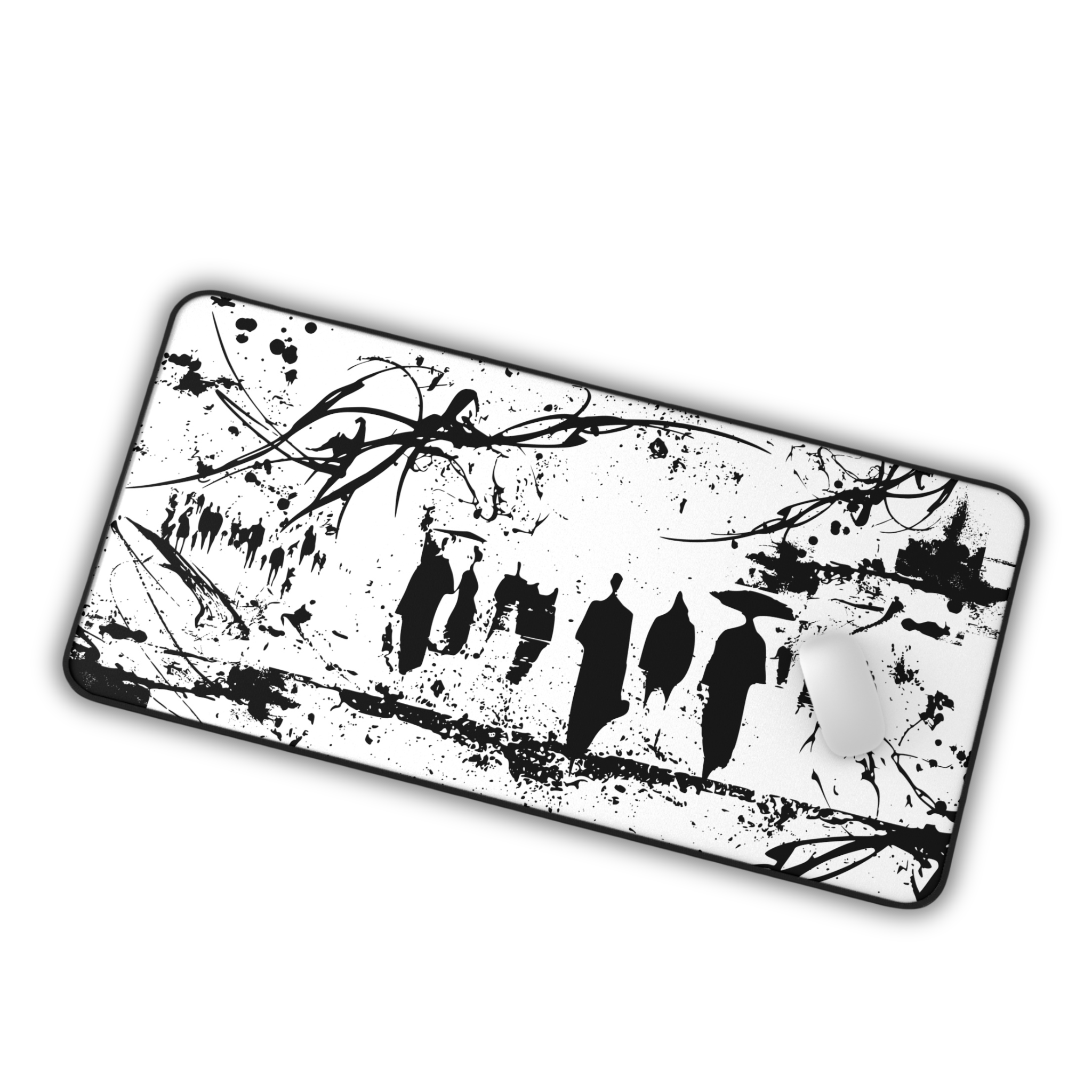 Abstract Silhouetted Walkers – White Desk Mat – Minimal Monochrome Mouse Pad